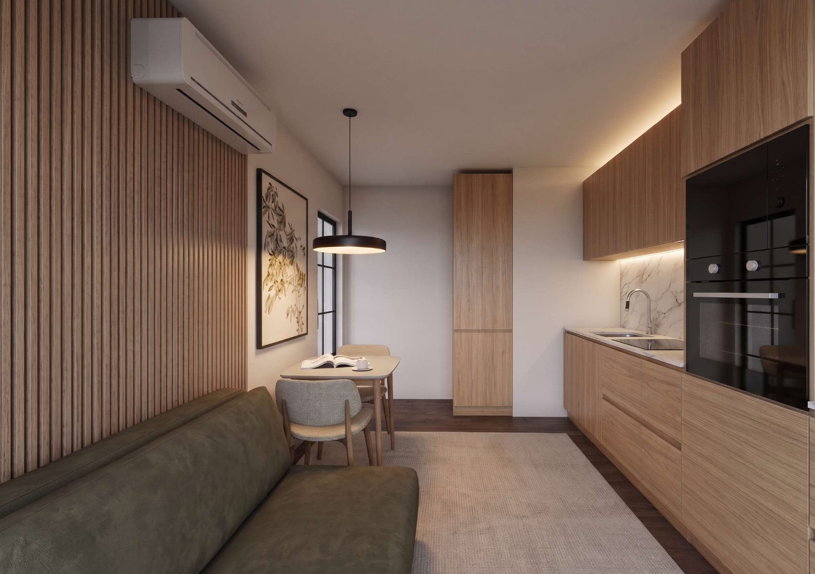 Sala e kitchenette de apartamento pequeno de férias com design de interiores contemporâneo costeiro