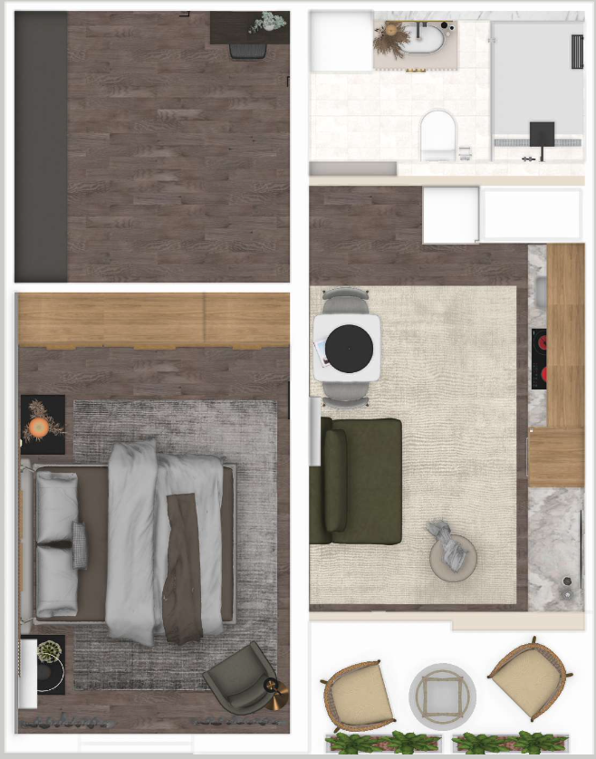 Planta de otimização de espaço de apartamento pequeno T1 com conceito contemporâneo