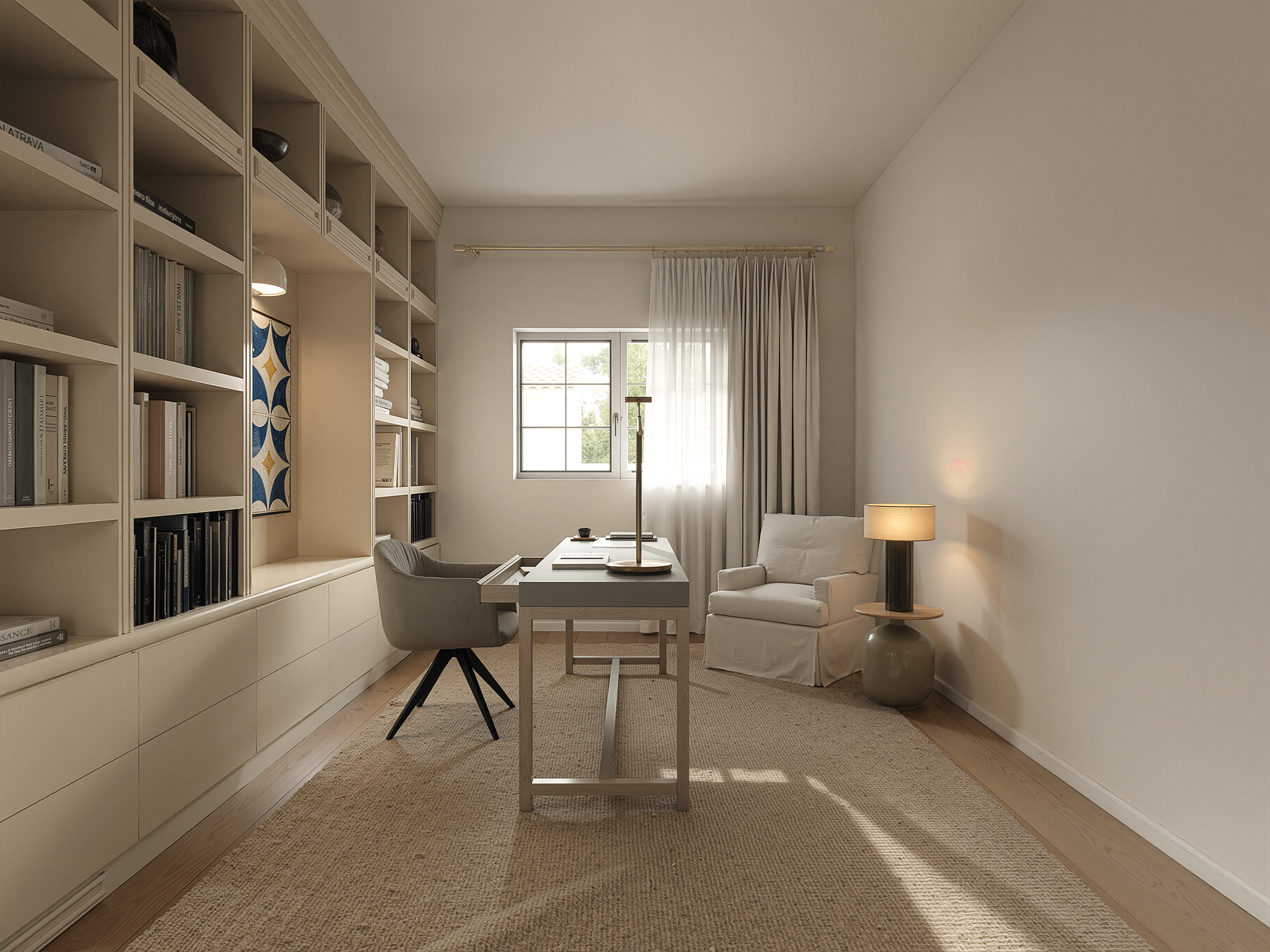 Escritório em casa com carpintaria clássica e ambiente neutro — projeto de interiores