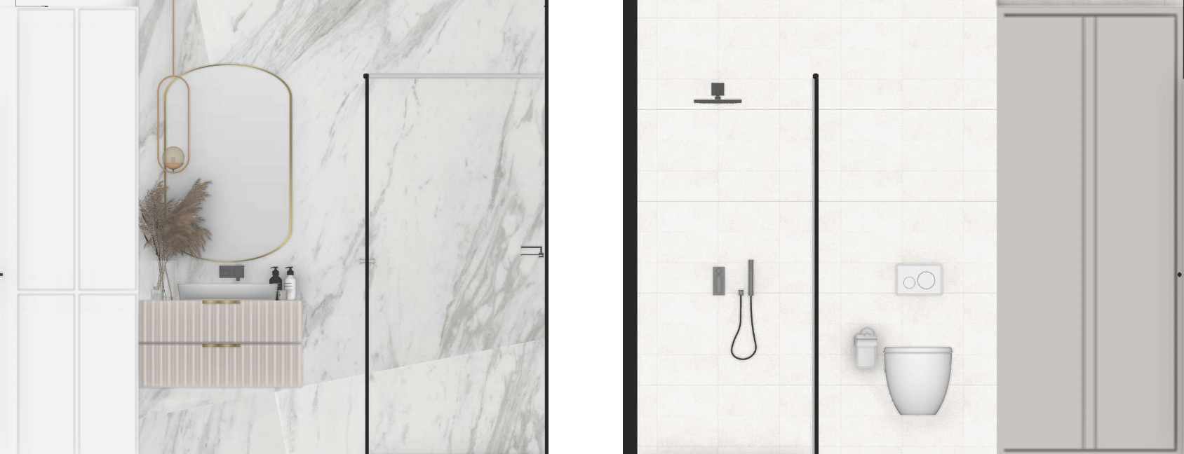 Casa de banho pequena com walking shower e acabamentos em mármore claro