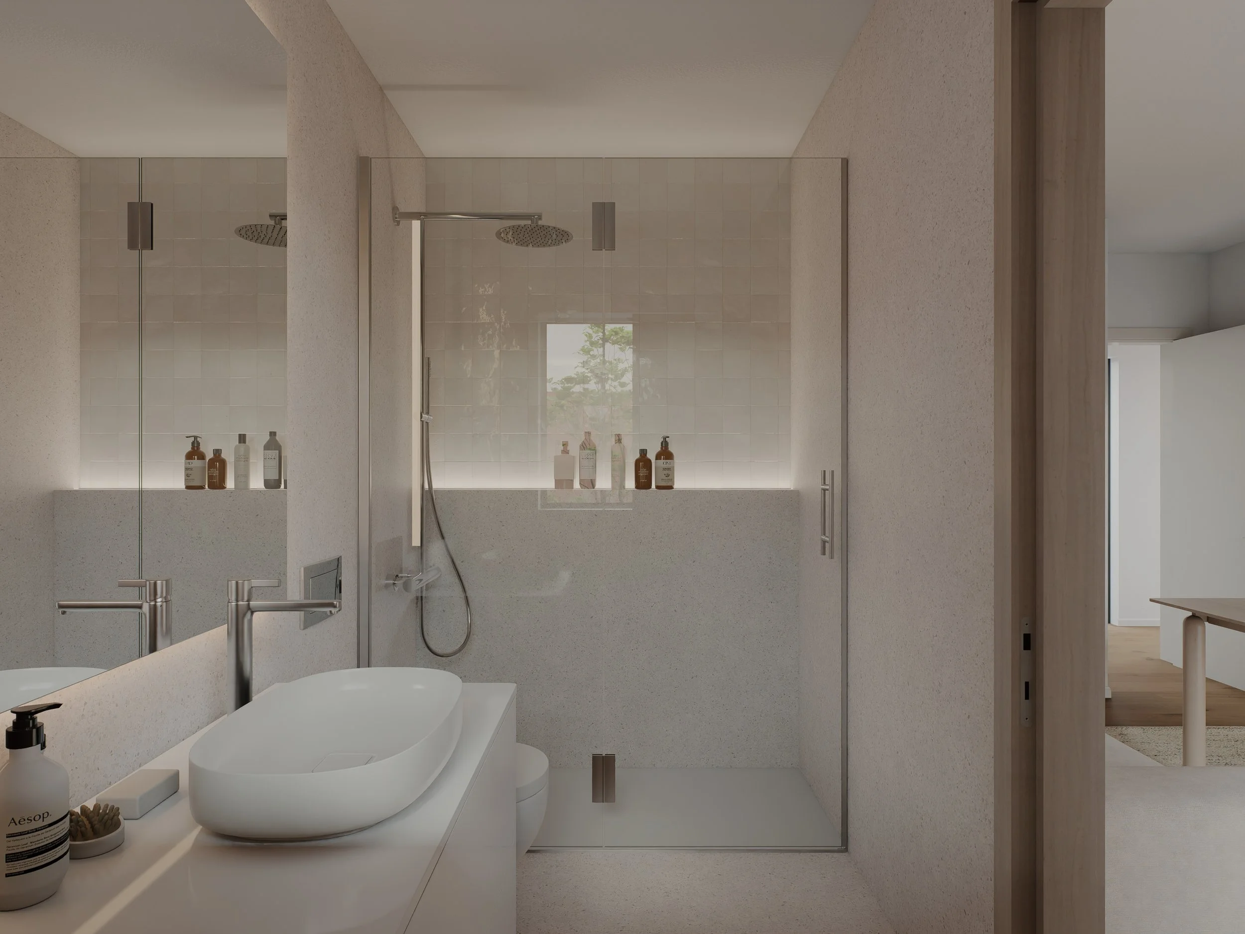 Projeto de casa de banho moderna com soluções funcionais, acabamentos duráveis e estética intemporal para construção residencial.