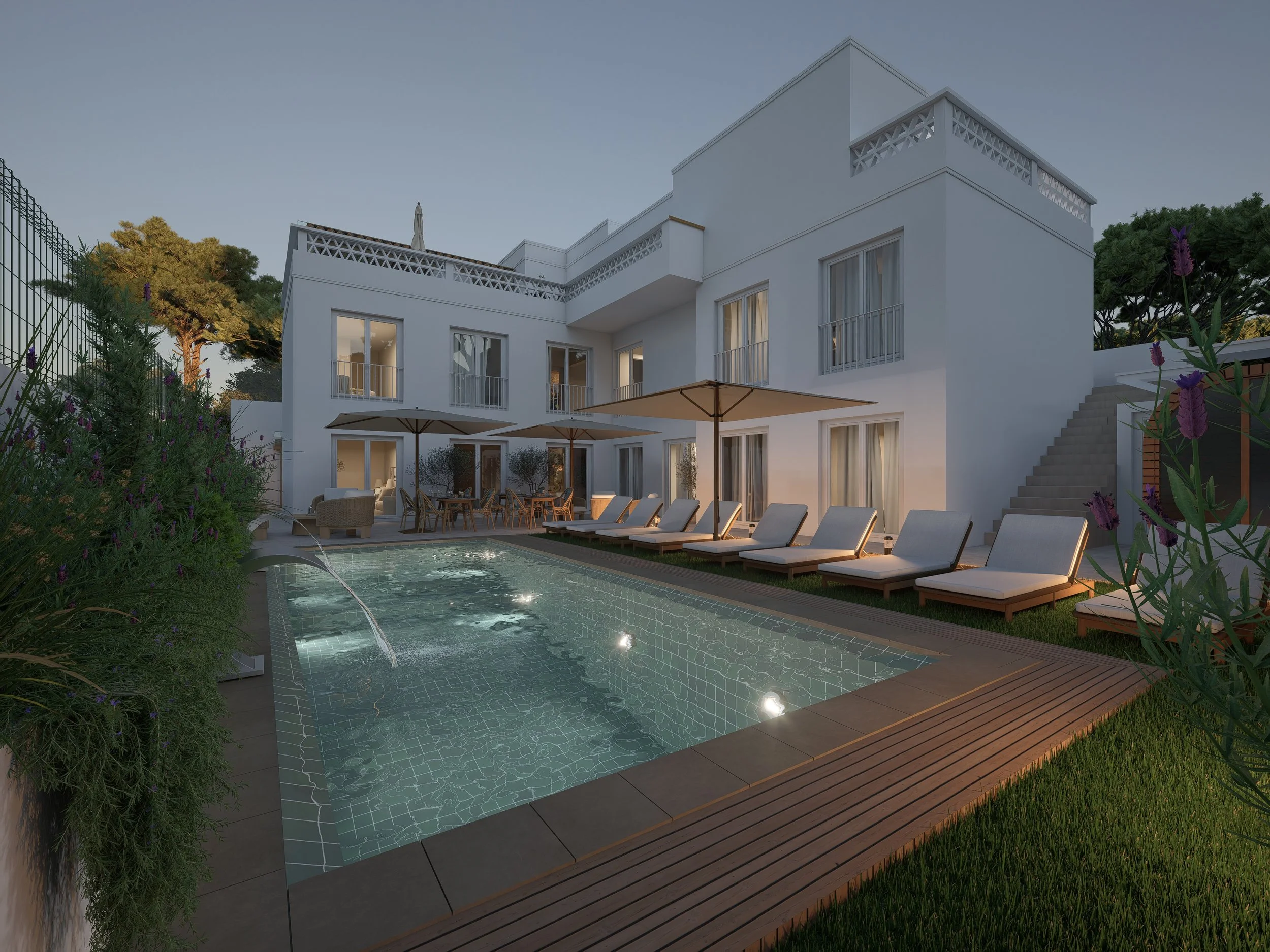 Área exterior de guest house na Comporta com piscina, paisagismo mediterrânico e experiência indoor outdoor