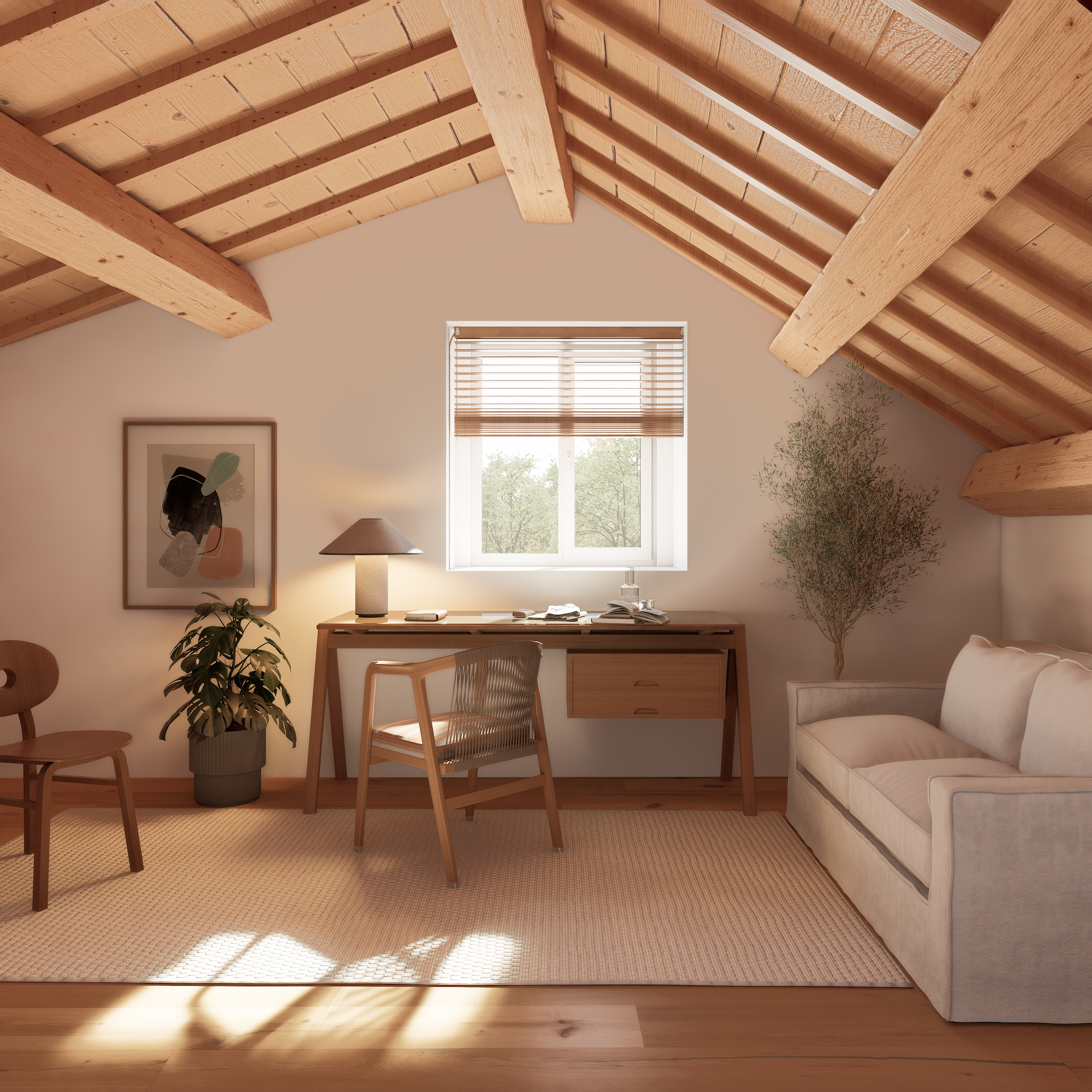 Aproveitamento de sótão para escritório e sala de estar design funcional