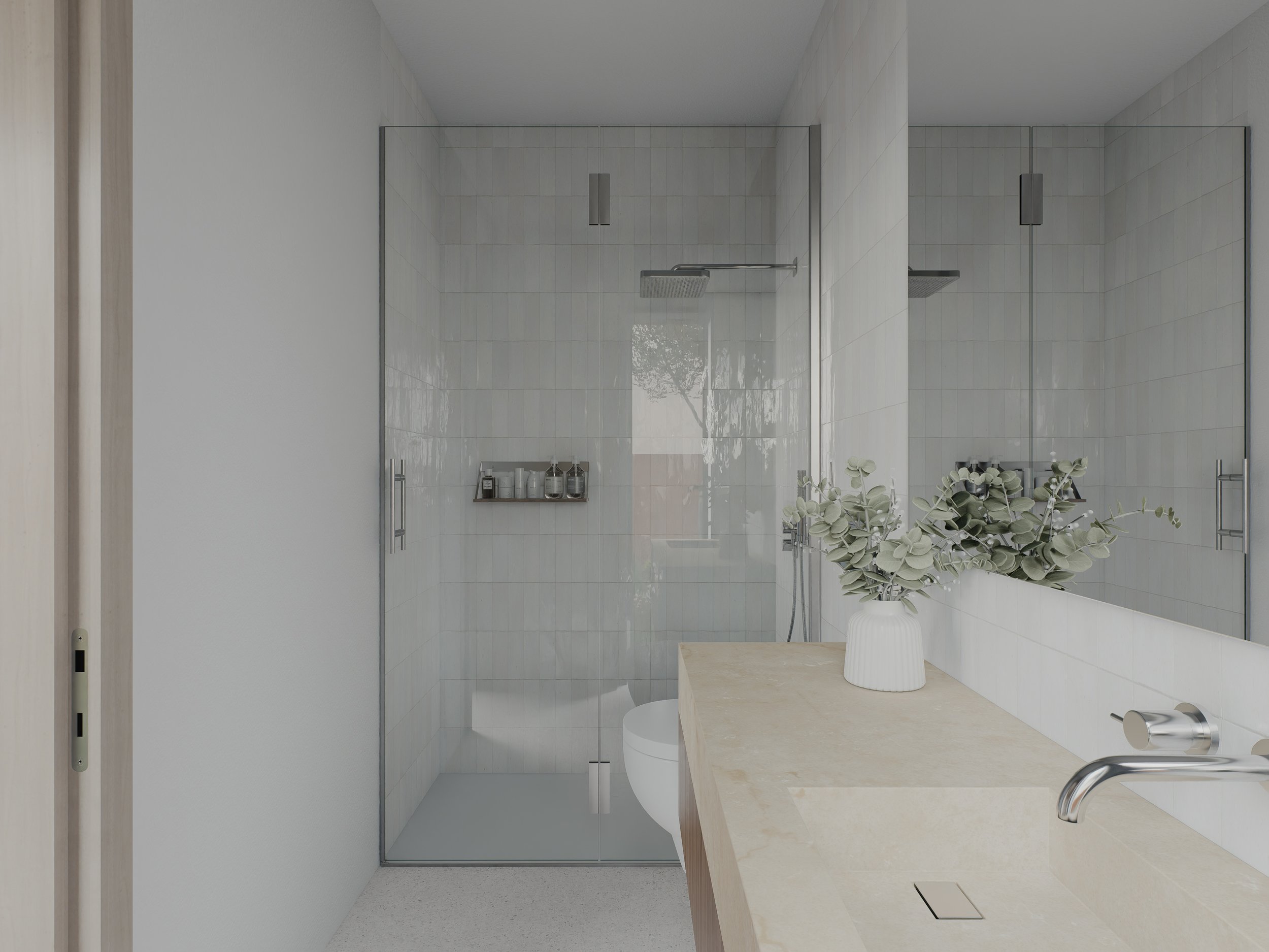 Casa de banho contemporânea para moradia nova com materiais naturais, design elegante e foco em conforto e bem-estar.