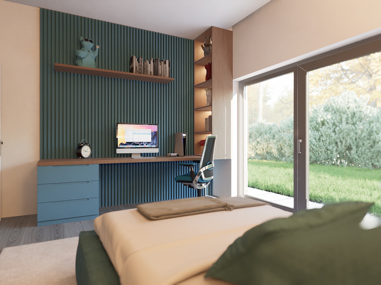 quarto adolescente zona de estudo funcional com inspiração no gaming