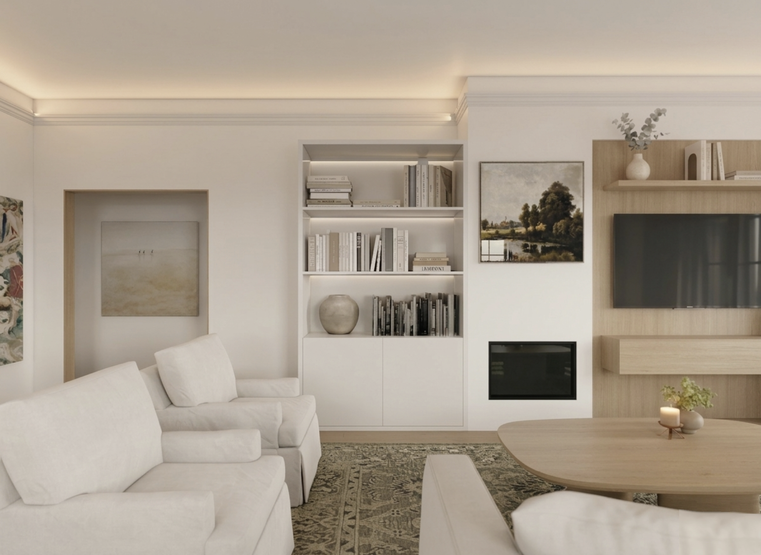 Entrada de moradia com carpintaria de assento e arrumação integrada — projeto de interiores em estilo transicional