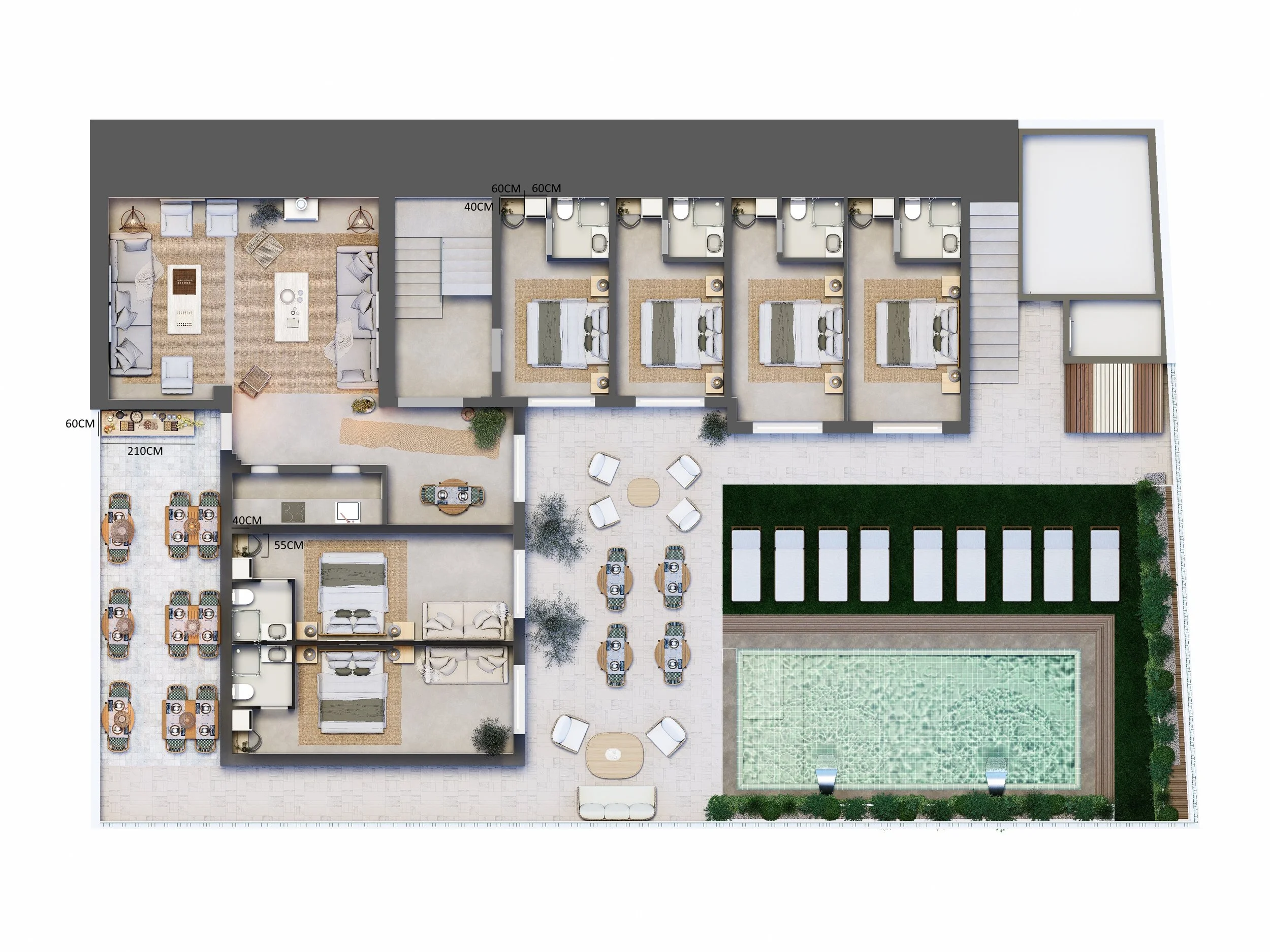 Pátio exterior com vegetação autóctone e experiência sensorial de hospitality retreat na Comporta