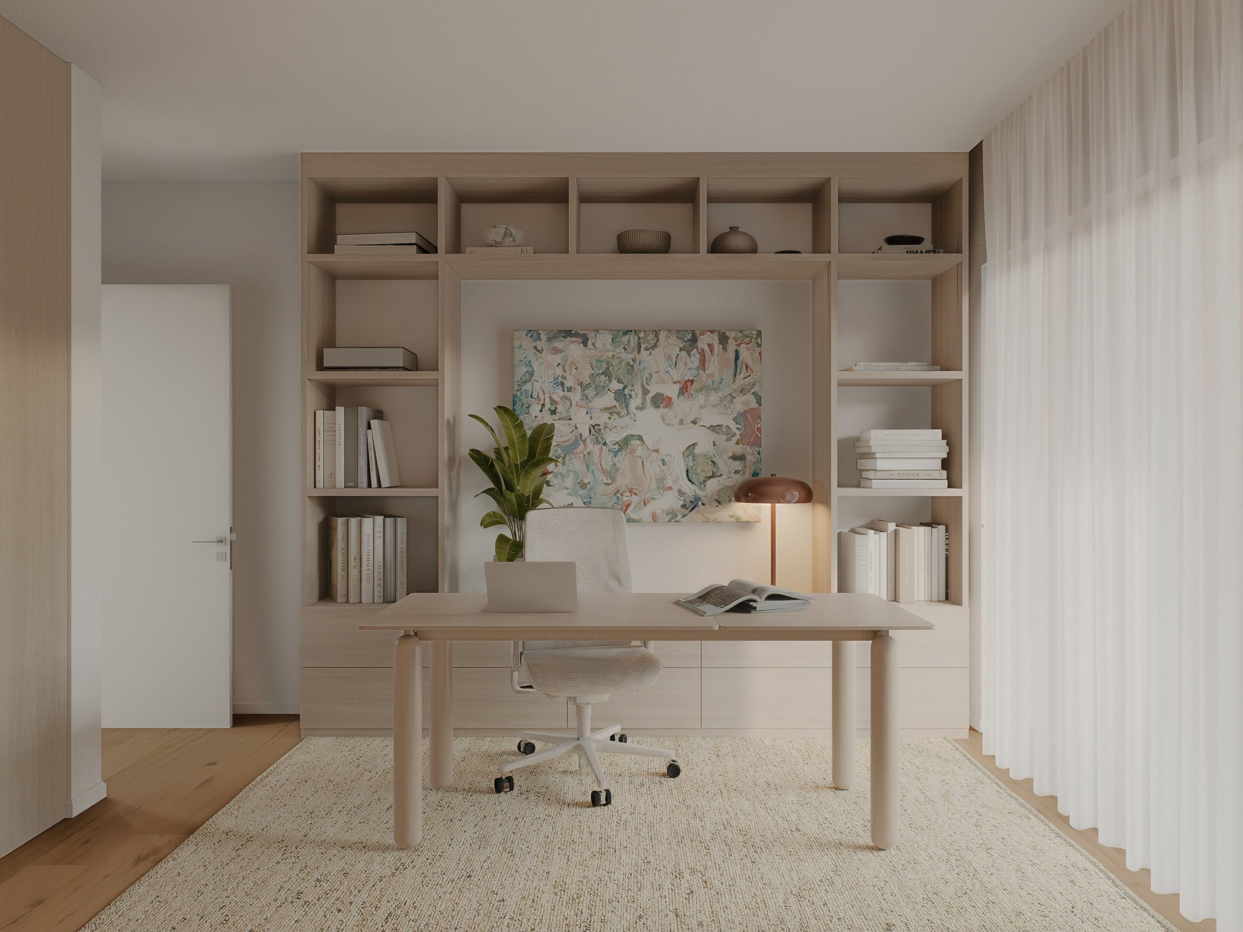 Home office para trabalho remoto integrado numa moradia moderna, concebido para produtividade, conforto e equilíbrio entre vida pessoal e profissional.
