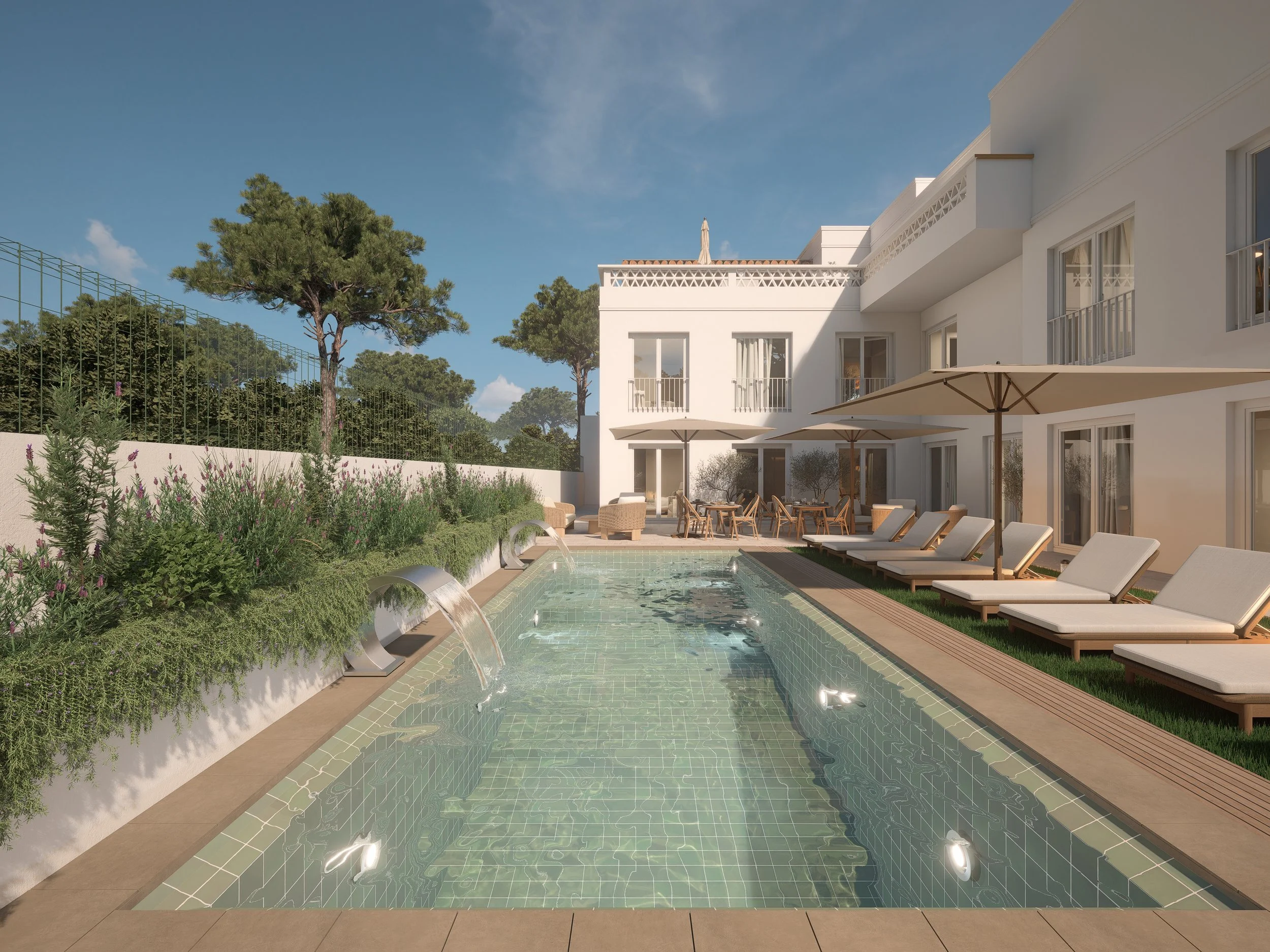 Guest house na Comporta com sala de estar em tons neutros, materiais naturais e design de interiores sensorial