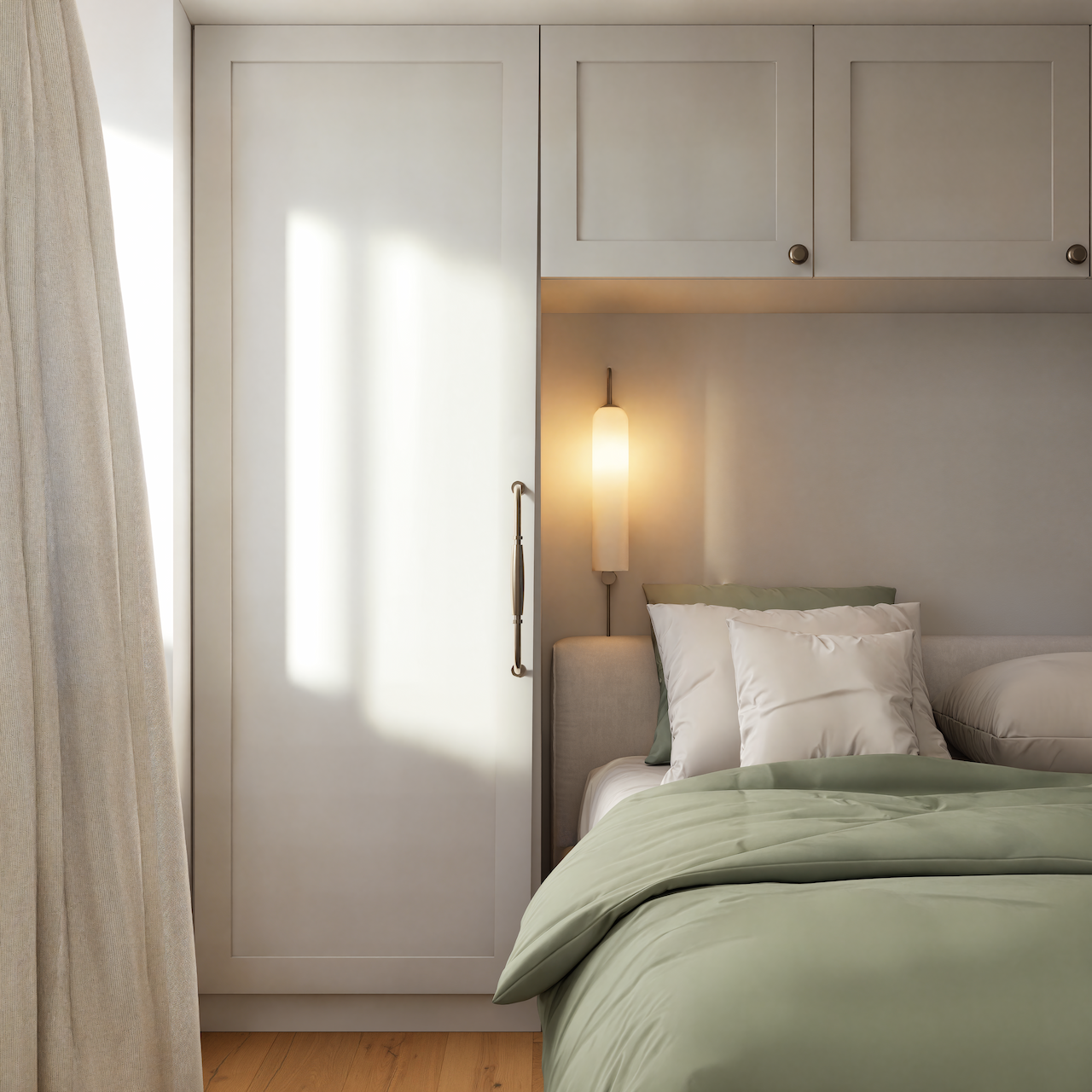 Quarto confortável e elegante com soluções de arrumação integradas no design conceptual do espaço