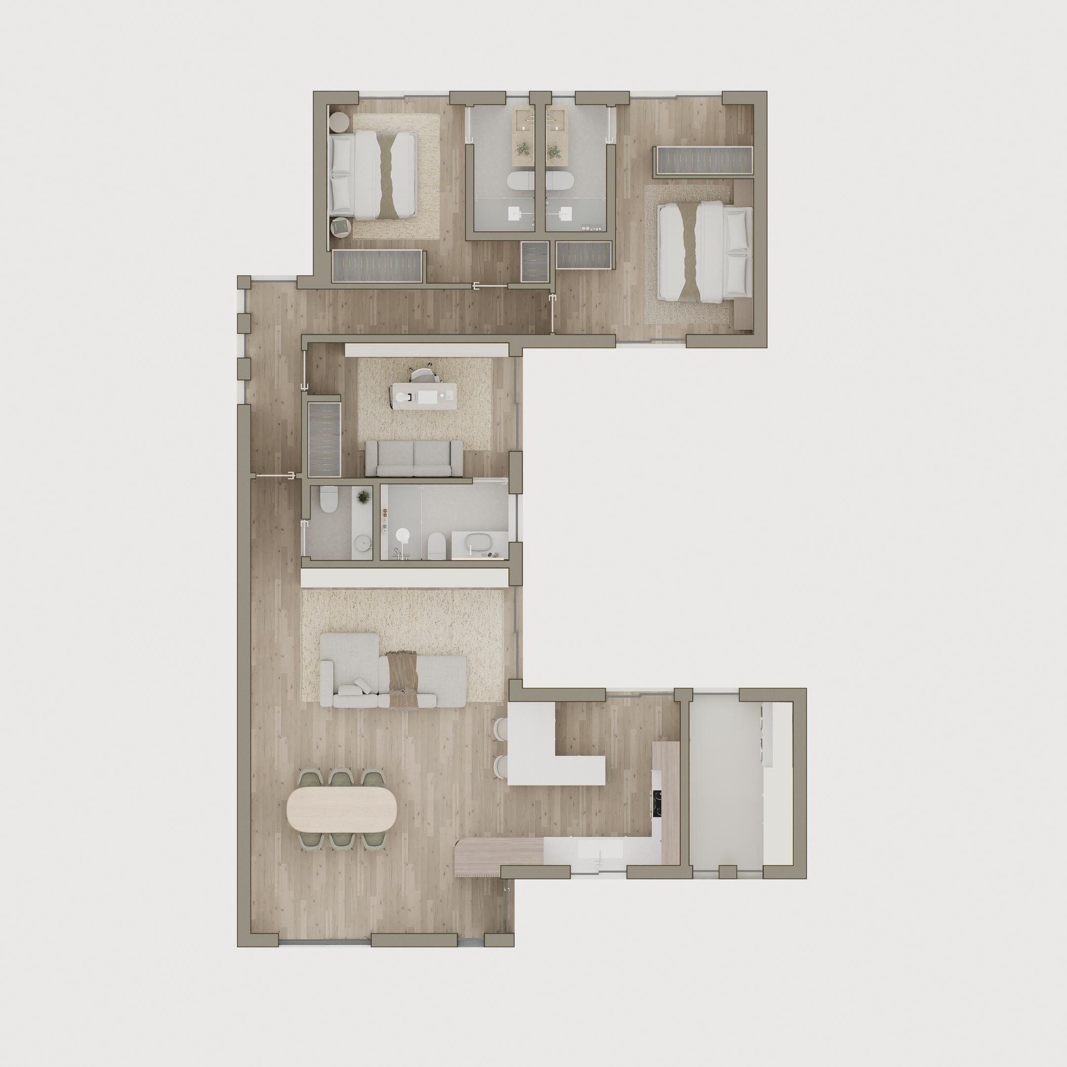 Planta de moradia moderna com layout otimizado para construção, iluminação natural, funcionalidade familiar e valorização imobiliária.