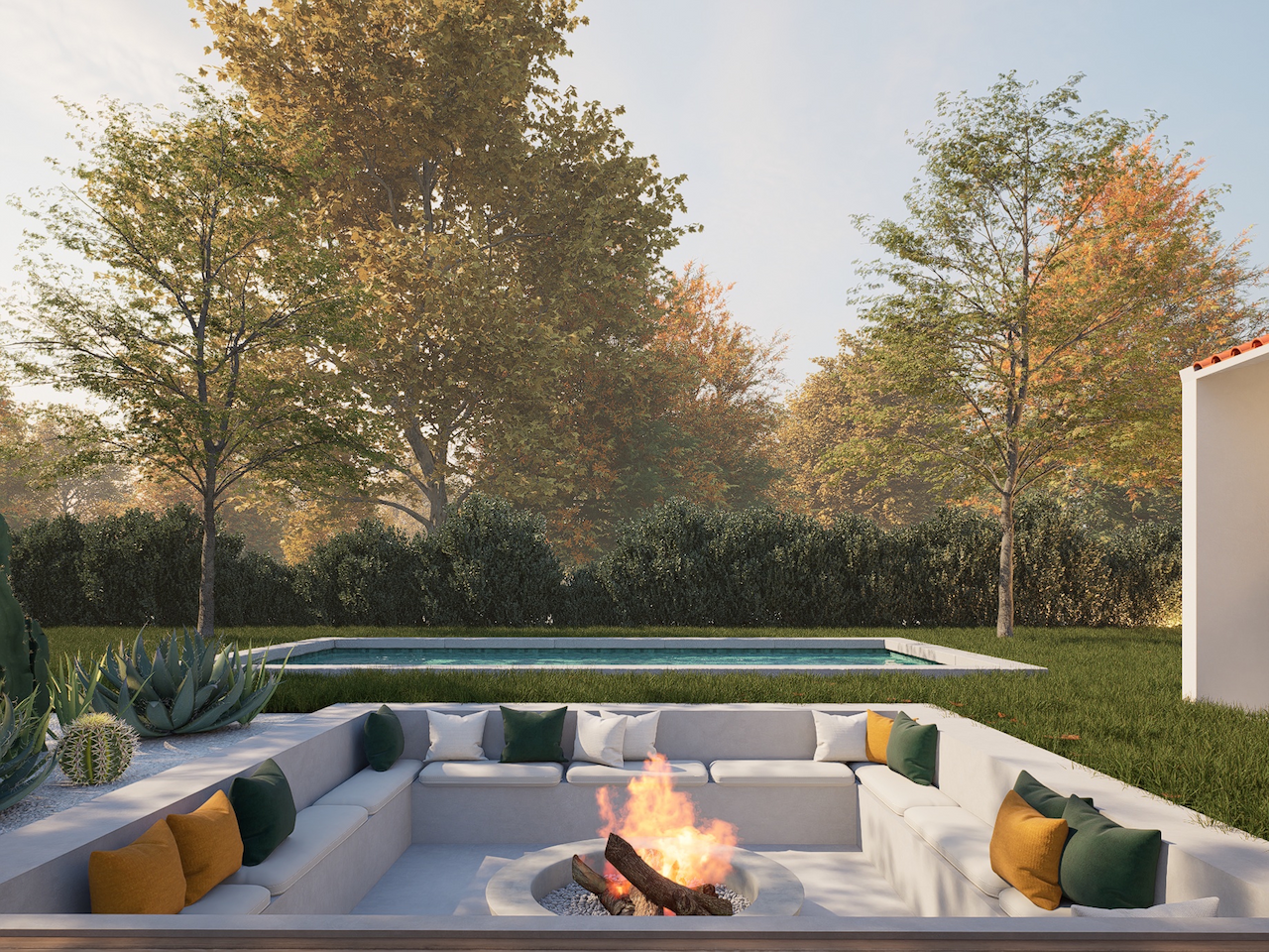 Área exterior piscina fogueira design landscape moderno