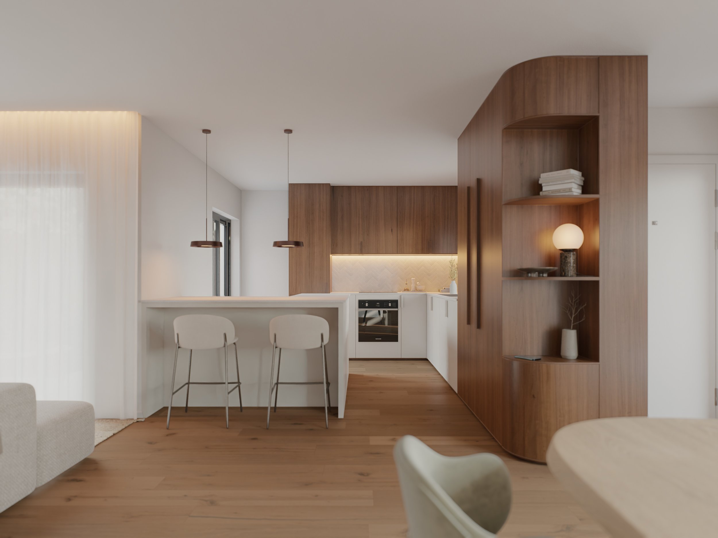 Espaço social integrado em cozinha com layout funcional, materiais naturais e ambiente acolhedor para a vida contemporânea.