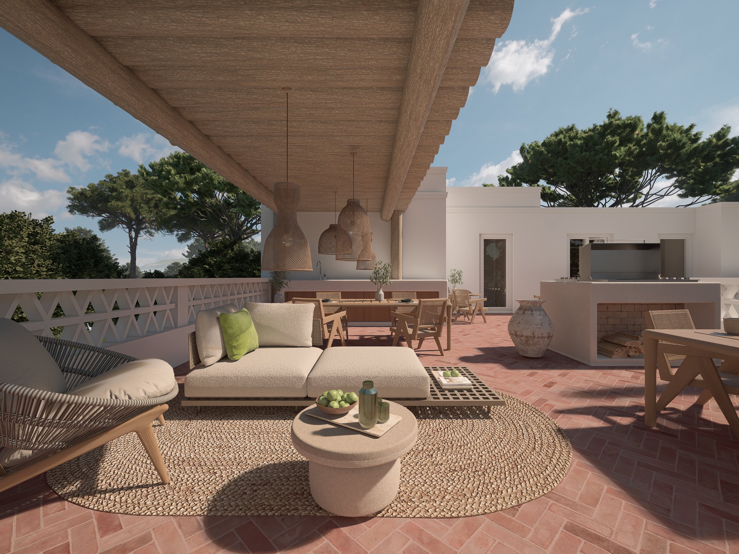 Zona lounge exterior com mobiliário orgânico e paisagismo para projeto hospitality na Comporta
