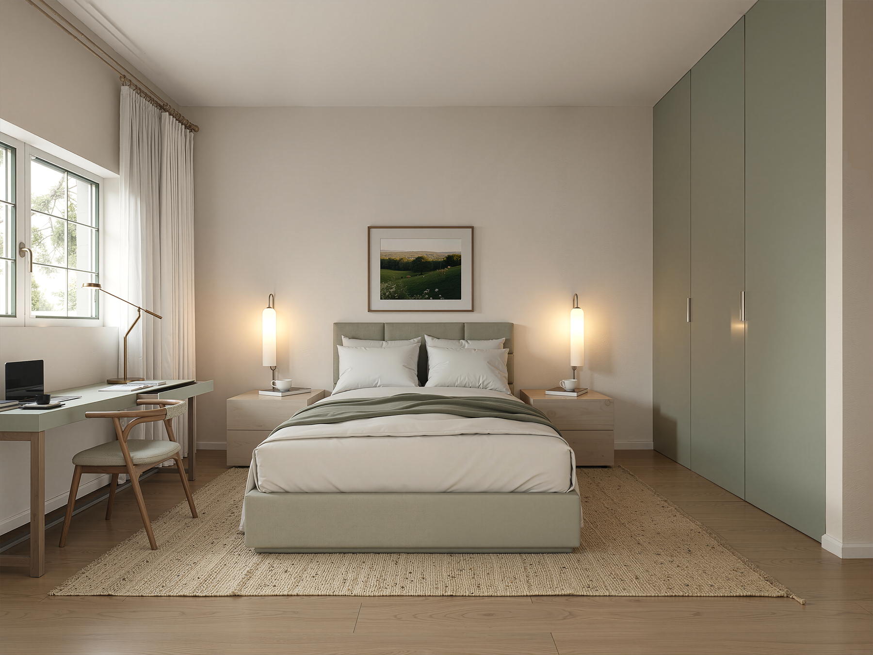 Quarto jovem com carpintaria em verde pastel e secretária integrada — design de interiores residencial