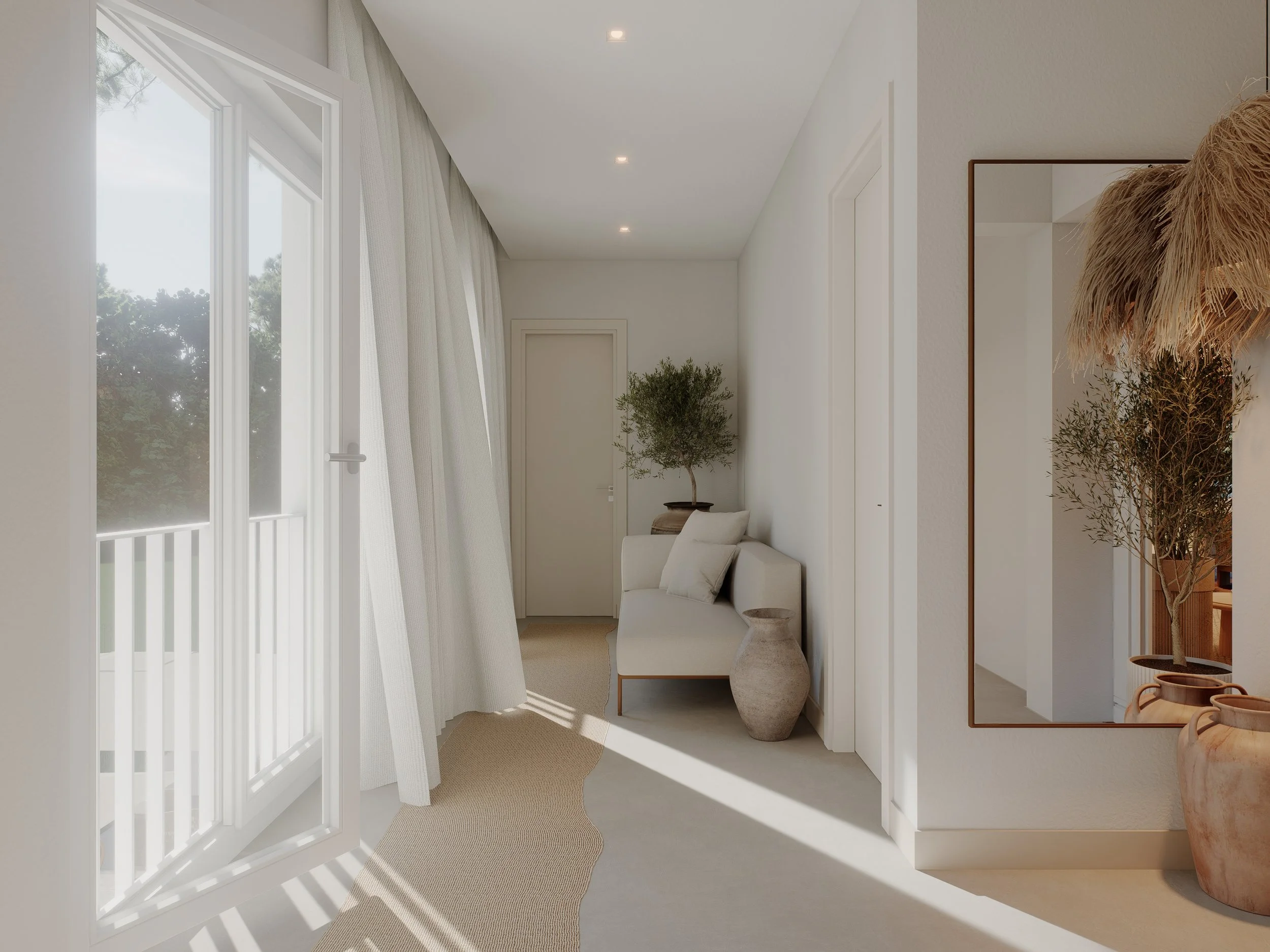 Detalhe de styling com cerâmica artesanal, fibras naturais e identidade visual da guest house Comporta