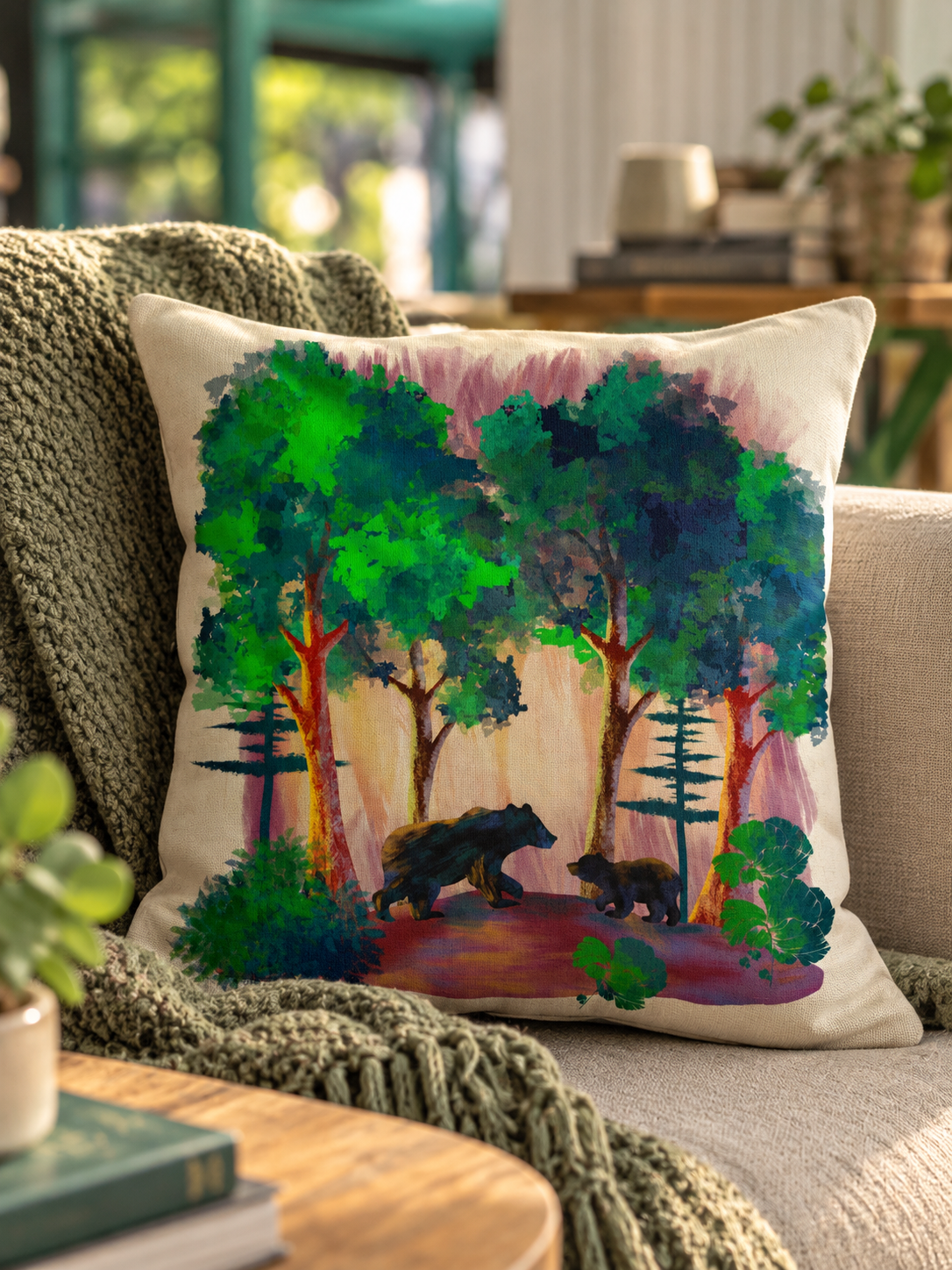 Cozy Forest Bears Throw Pillow.png