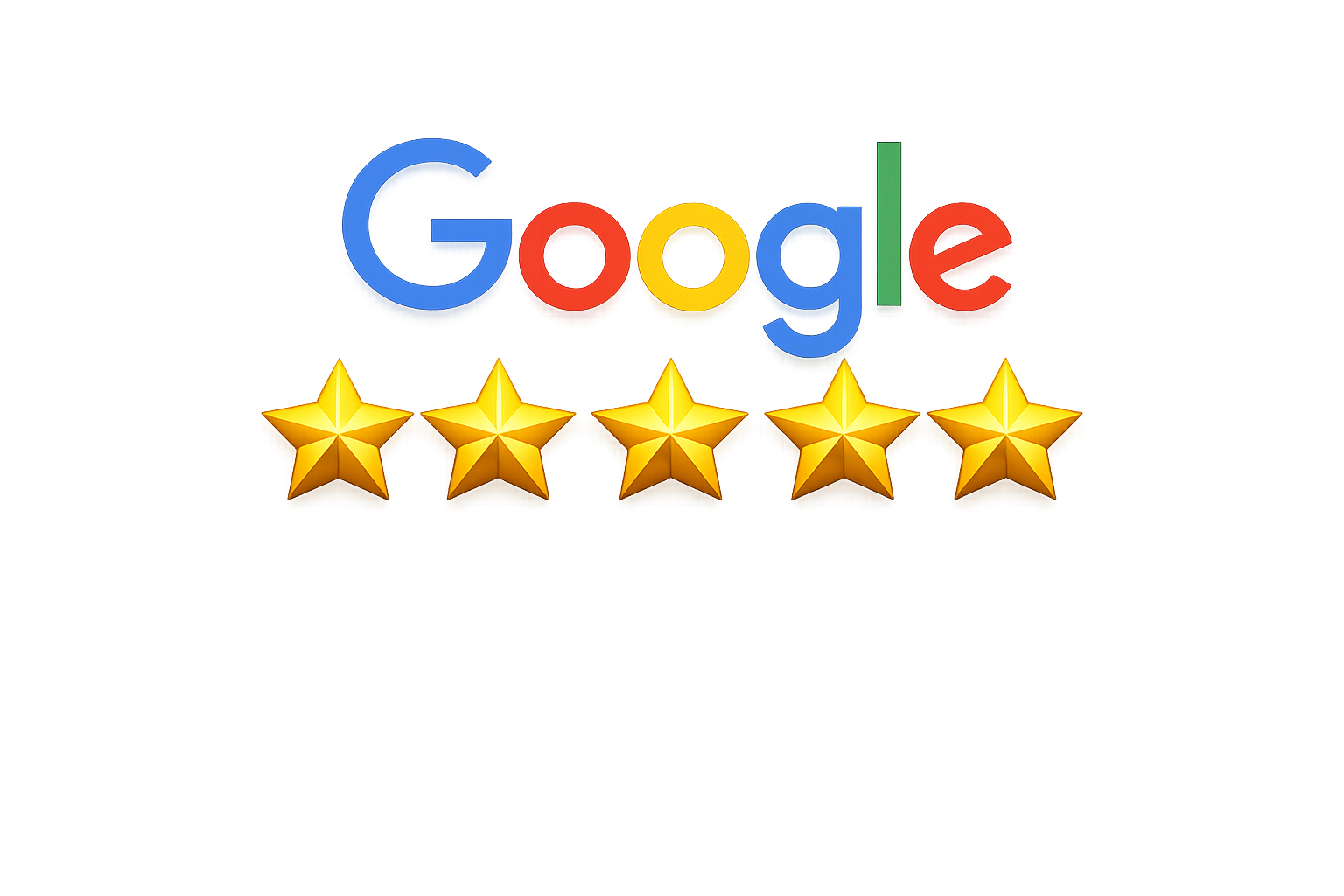 Google logo with five gold stars below it, symbolizing a five-star review.