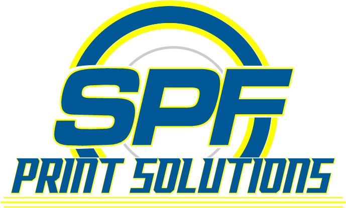 Logo for SPF Print Solutions with blue and yellow text and a concentric circle design.