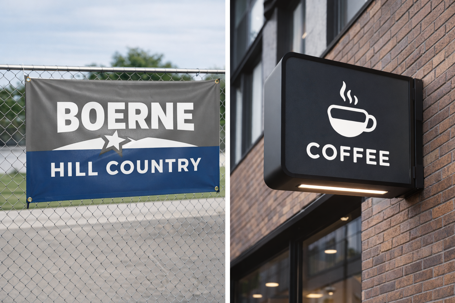 A banner with the text 'BOERNE HILL COUNTRY' hanging on a chain link fence on the left; a black coffee shop sign with a steaming coffee cup icon and the word 'COFFEE' hanging on a brick wall on the right.