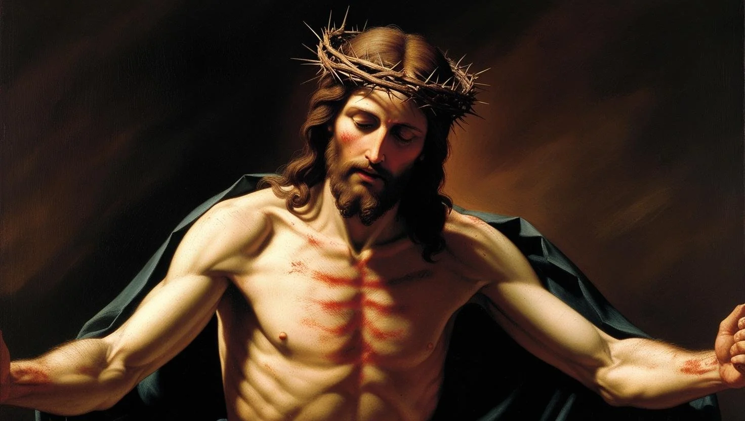 Painting of Jesus Christ with a crown of thorns, bare chest, and arms extended, against a dark background.