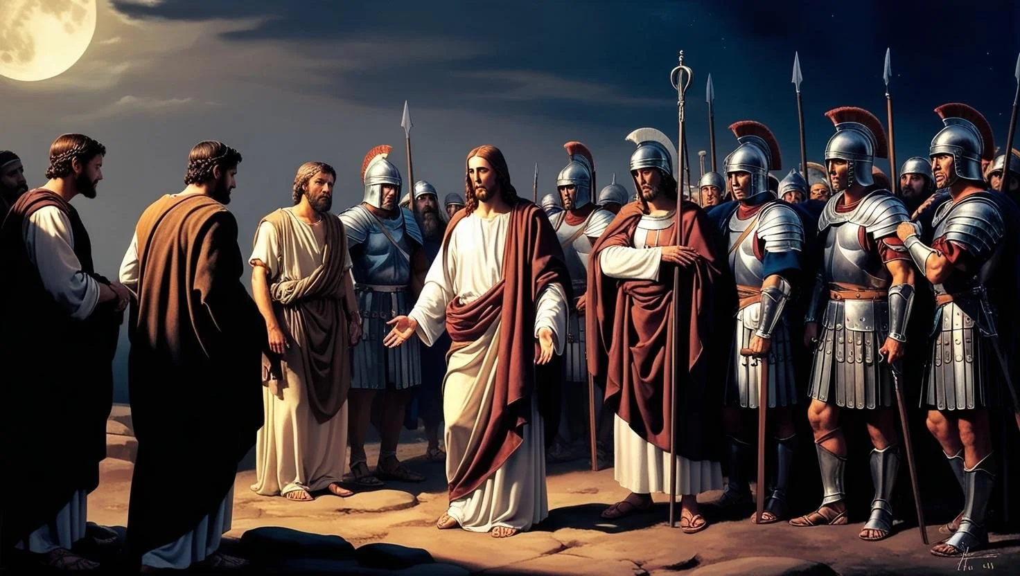 Artwork of Jesus Christ surrounded by his apostles and Roman soldiers under a night sky with a full moon.
