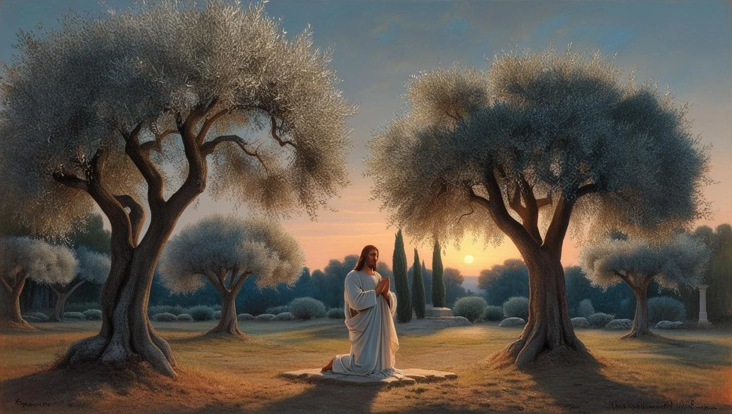 A painting of Jesus praying outdoors at sunset, kneeling on a stone platform among olive trees with a peaceful landscape in the background.