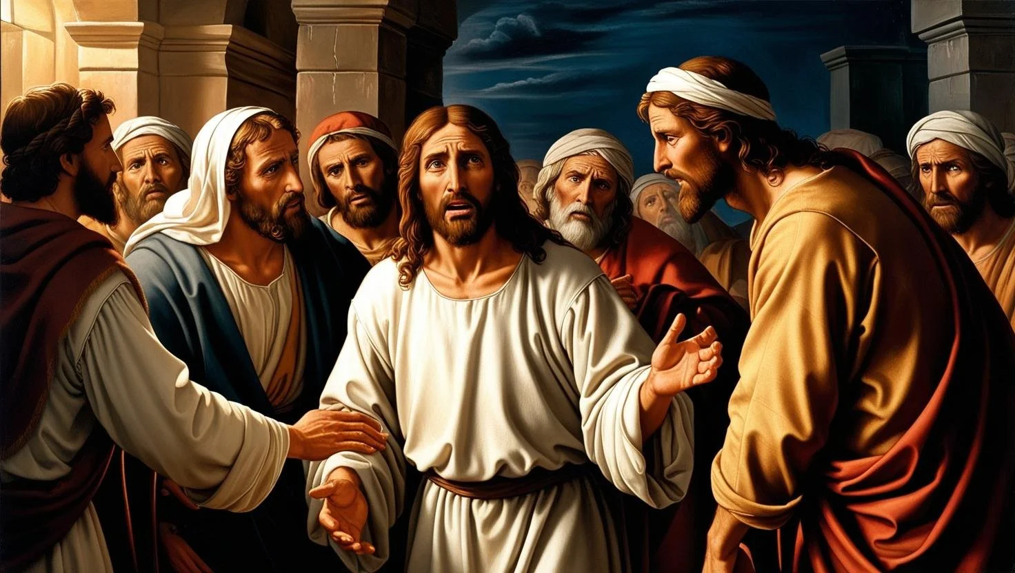 Jesus Christ speaking to a group of men, some with beards and head coverings, in an outdoor setting during nighttime. The men look surprised or concerned.