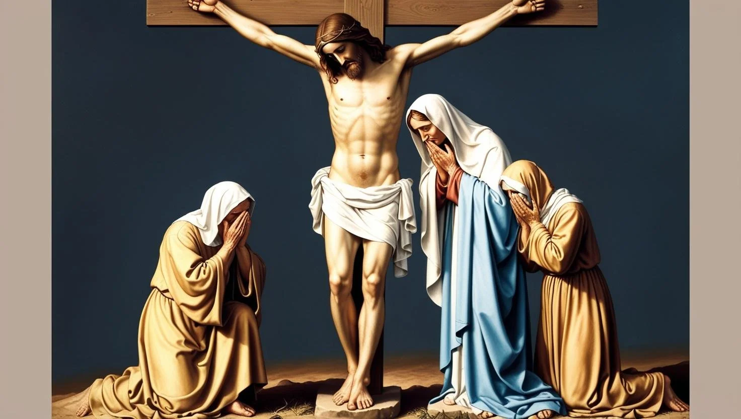 A sculpture depicting Jesus Christ on the cross with three women praying below, in a classical art style.