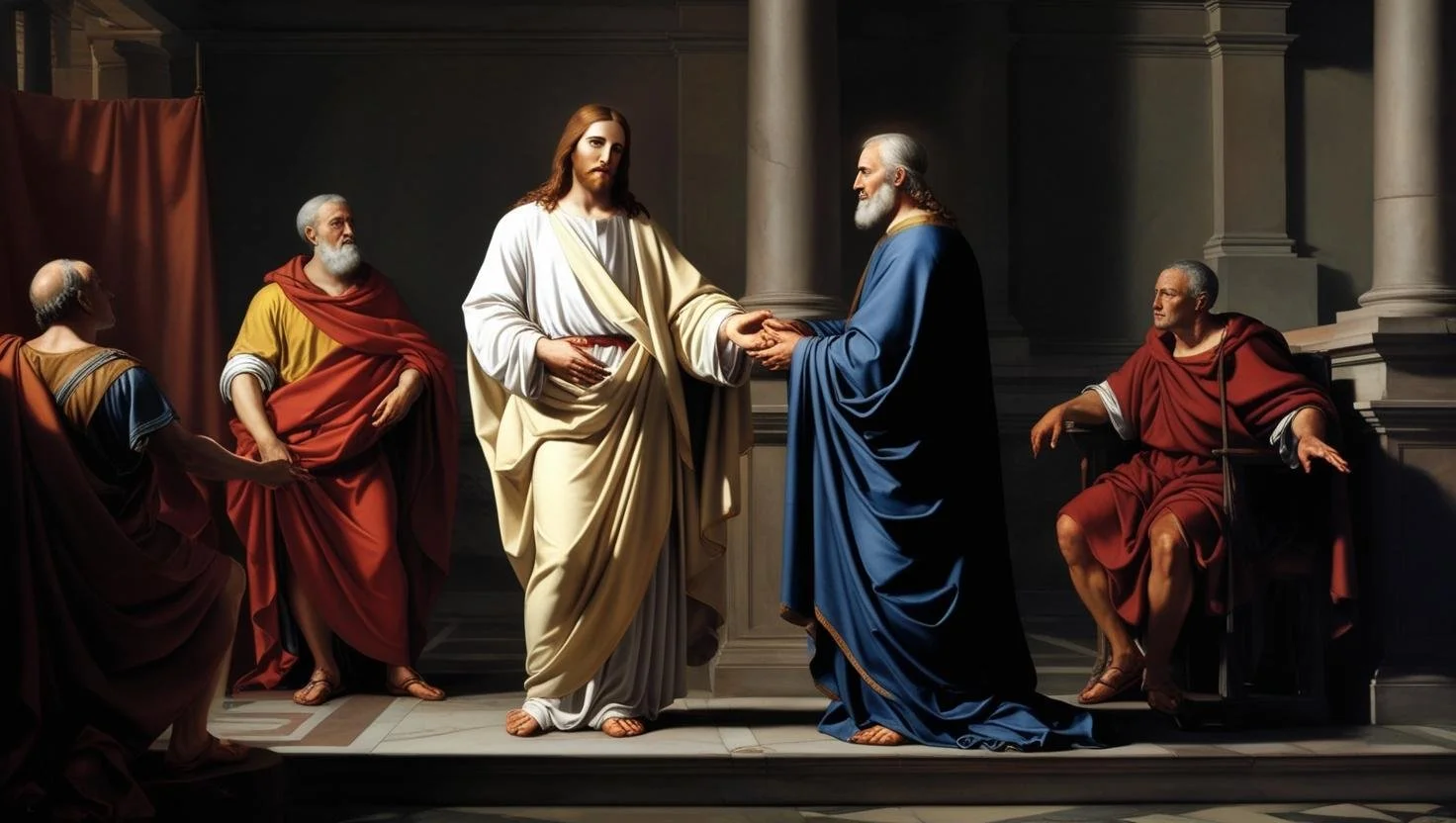 Religious scene of Jesus Christ in white and yellow robes holding hands with a man in blue robes, surrounded by four other men in robes, inside a grand hall with columns.