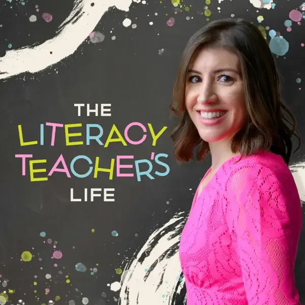A smiling woman with shoulder-length brown hair, wearing a bright pink top, standing next to a colorful book cover titled 'The Literacy Teacher's Life' with a black background and colorful splashes.