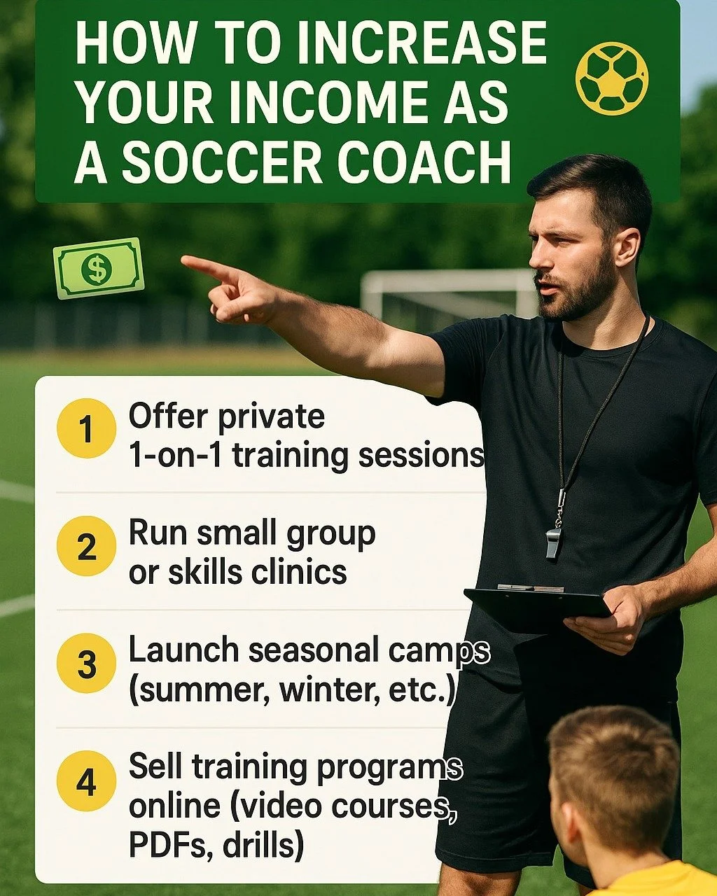 Want to earn more as a soccer coach?

It&rsquo;s not just about the hours on the field &mdash; it&rsquo;s about creating opportunities. Here are a few ways our coaches are increasing their income month-to-month:

1️⃣ Offer private 1-on-1 training ses
