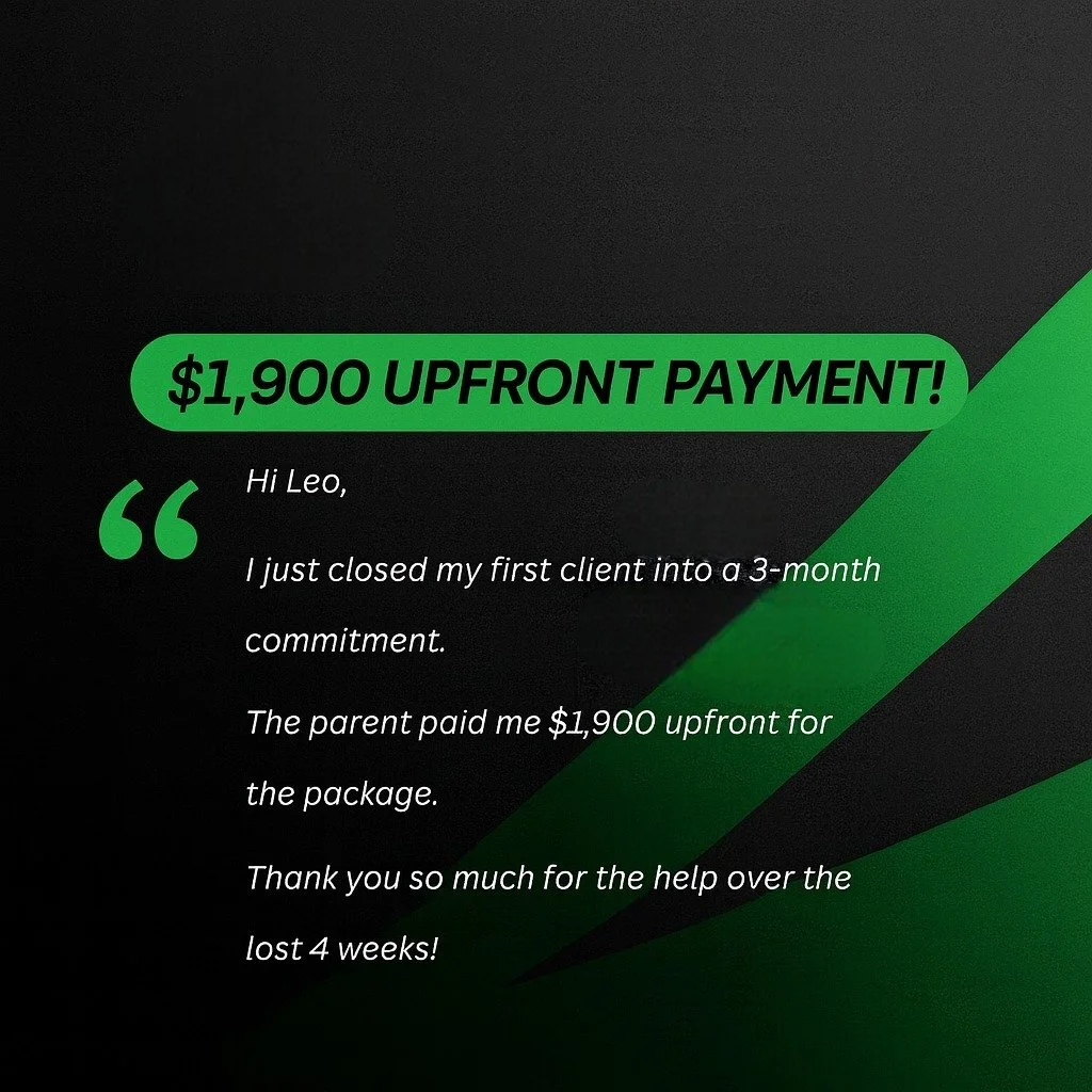 $1,900 UPFRONT PAYMENT!

Another coach just landed his first high-paying client after joining 1-1 Soccer Coaching Business program!

In just 4 weeks, we helped him to build a structured offer, gained confidence in sales, and secured a 3-month client 