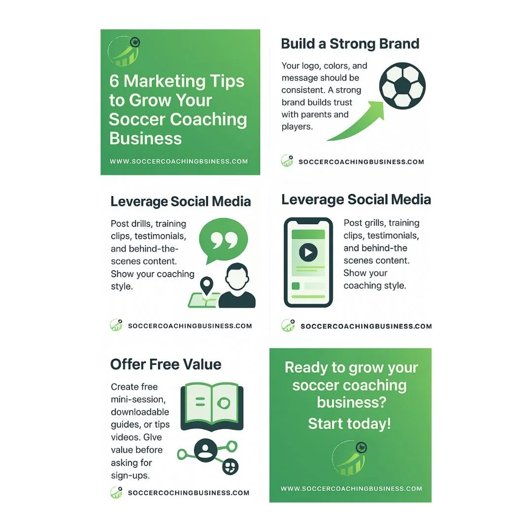 Marketing is one of the fastest ways to grow your Soccer Coaching Business.
Start by applying these 6 tips and watch your business build momentum.

Remember: if people don&rsquo;t know who you are or what you offer, it&rsquo;s going to be tough to at