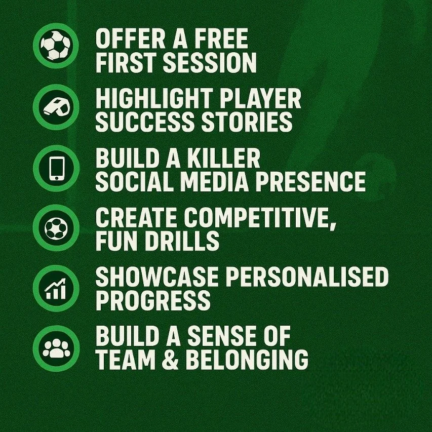 Want more players signing up for your training program?
These 6 proven strategies will keep players (and parents) excited, motivated, and coming back for more 👇
⚽︎ Free Trial Sessions – Let them experience your coaching before committing.
⚽︎
