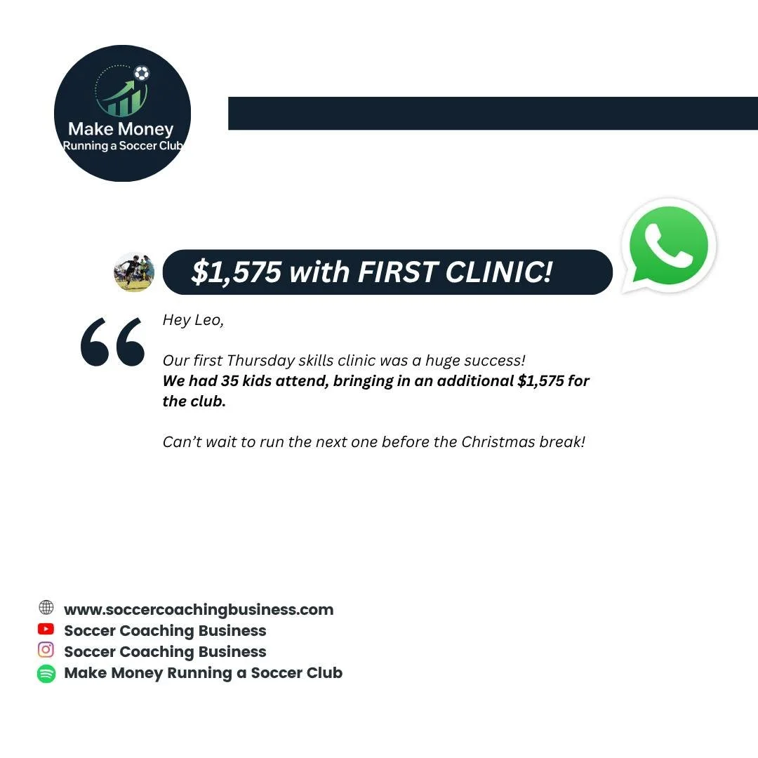 💰 This coach ran his first Thursday Skills Clinic which was a huge success! 
35 players signed up, bringing in an extra $1,575 in revenue for his club business 

⚽︎ If you&rsquo;re a coach running a youth soccer club business and want to learn how t