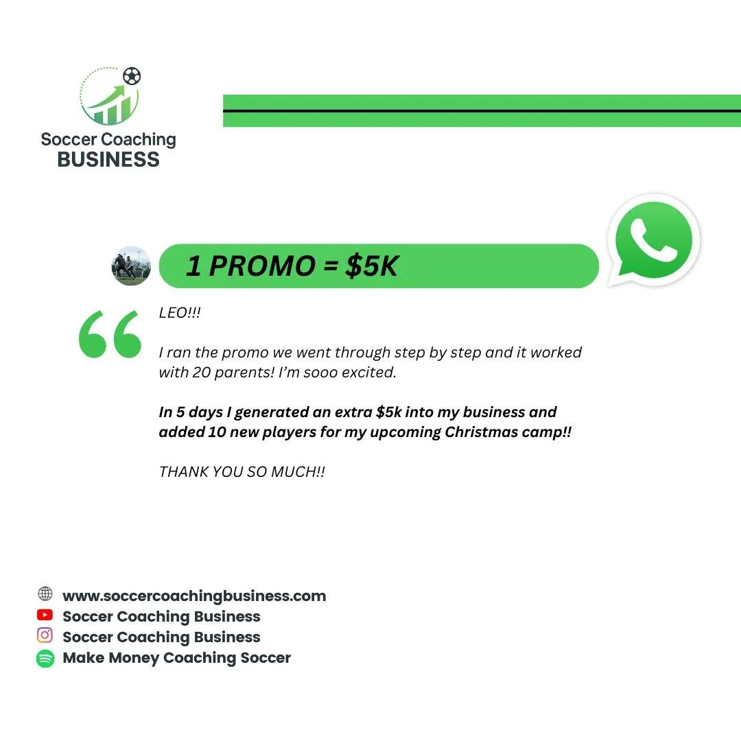 I ran the promo we mapped out step by step&hellip; and it WORKED with 20 parents!

In just 5 days, I generated an extra $5,000 in my business AND added 10 new players to my upcoming Christmas camp!

I&rsquo;m honestly soooo excited!!
Thank you SO muc
