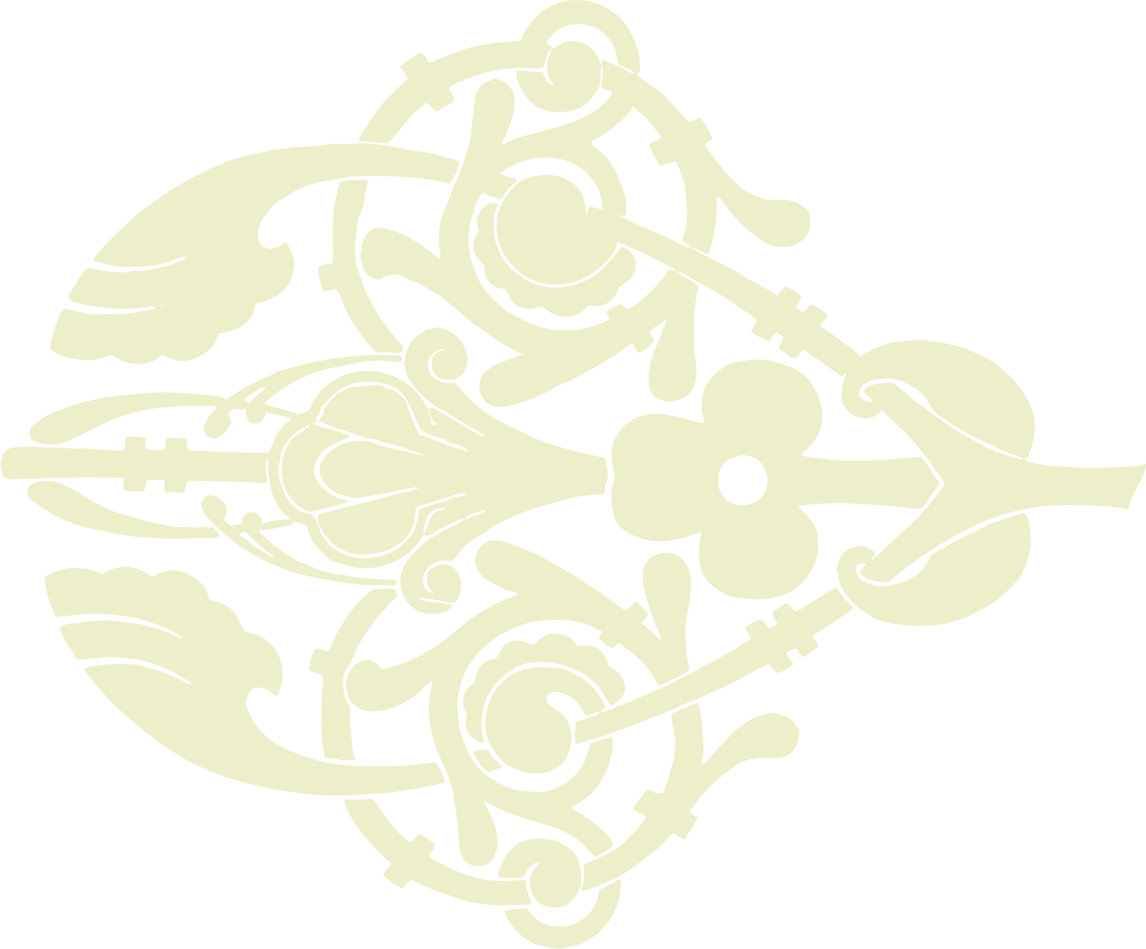 Ornamental design with symmetrical floral and abstract elements in a light cream color against a black background.