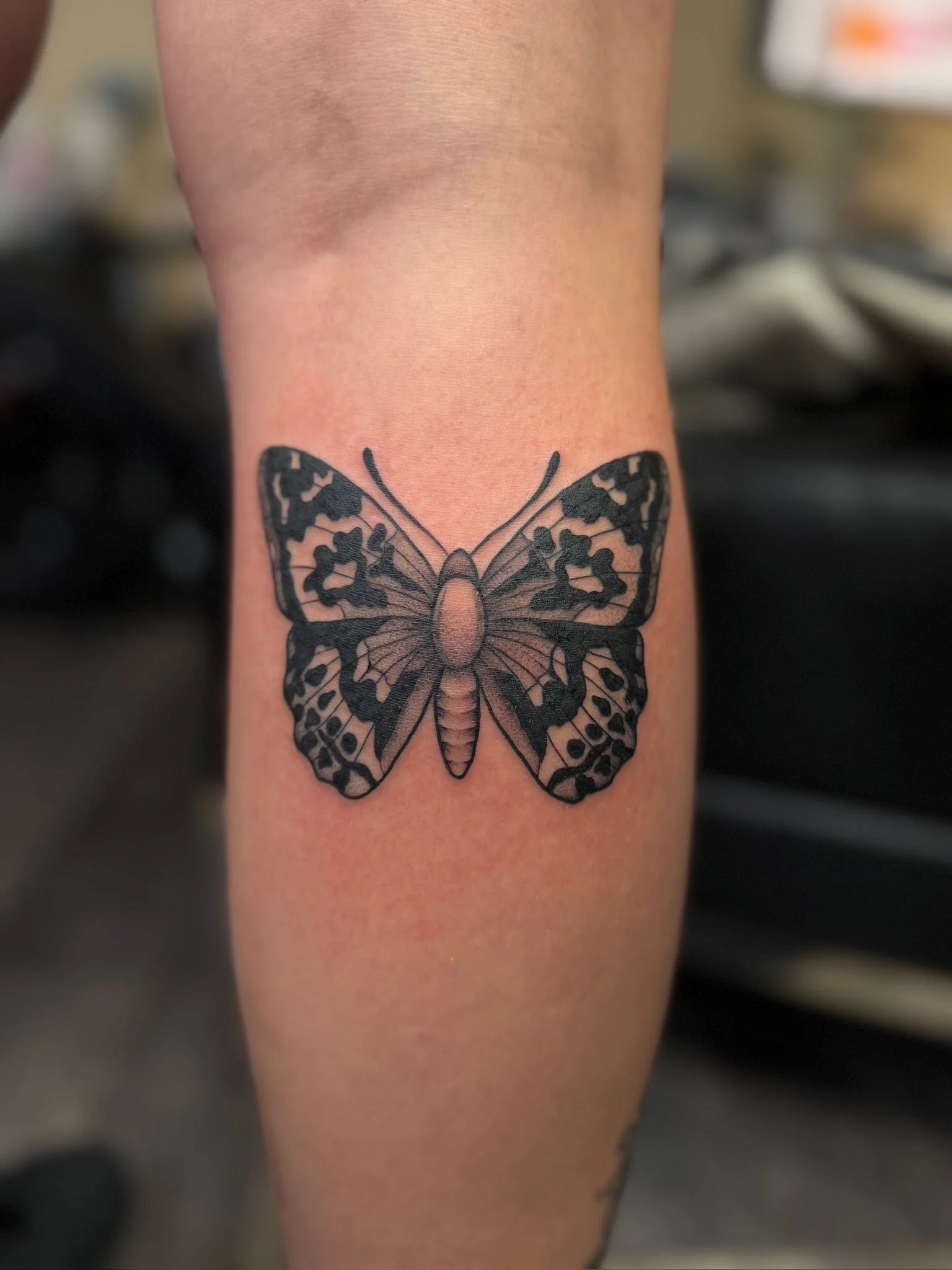 Black and gray butterfly tattoo on person's forearm.
