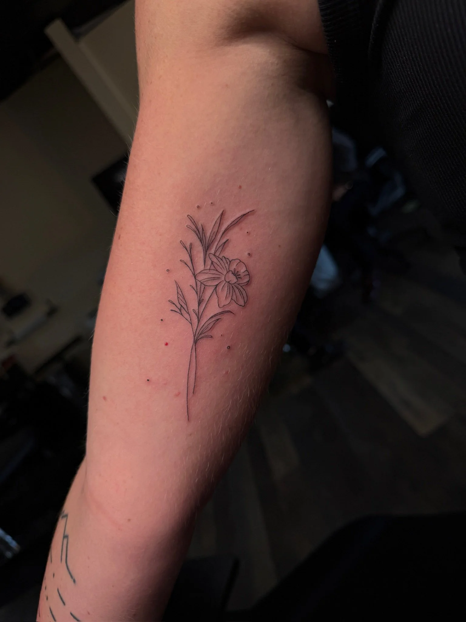 A tattoo of a delicate flower with leaves, drawn in fine black lines, on a person's forearm.