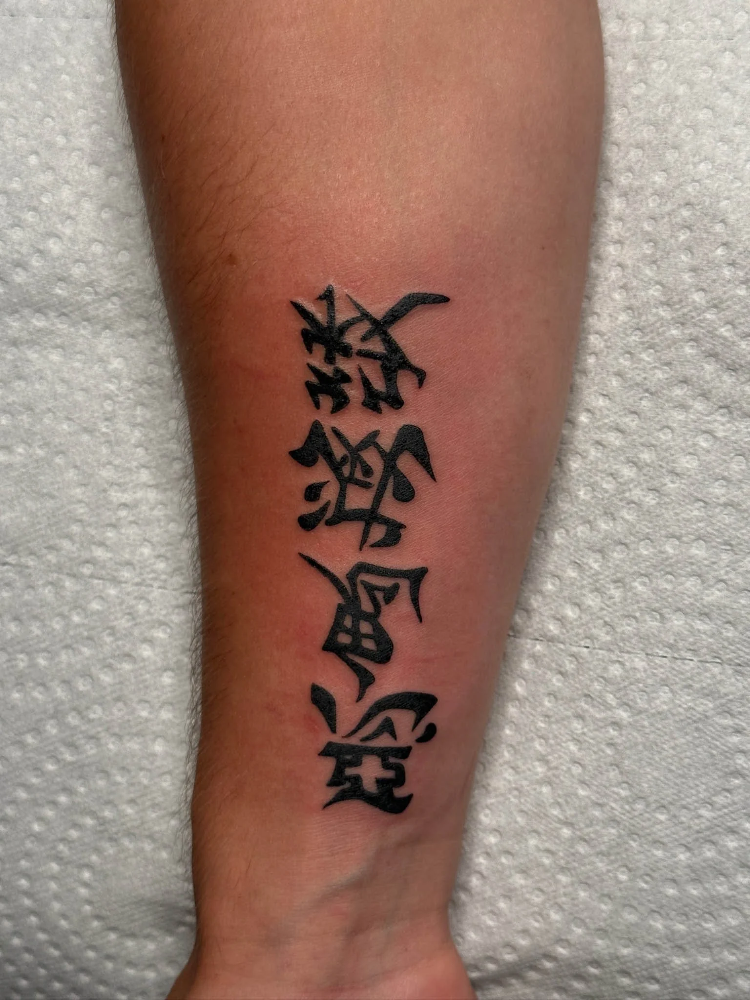 Tattoo of black Chinese characters on a person's forearm.