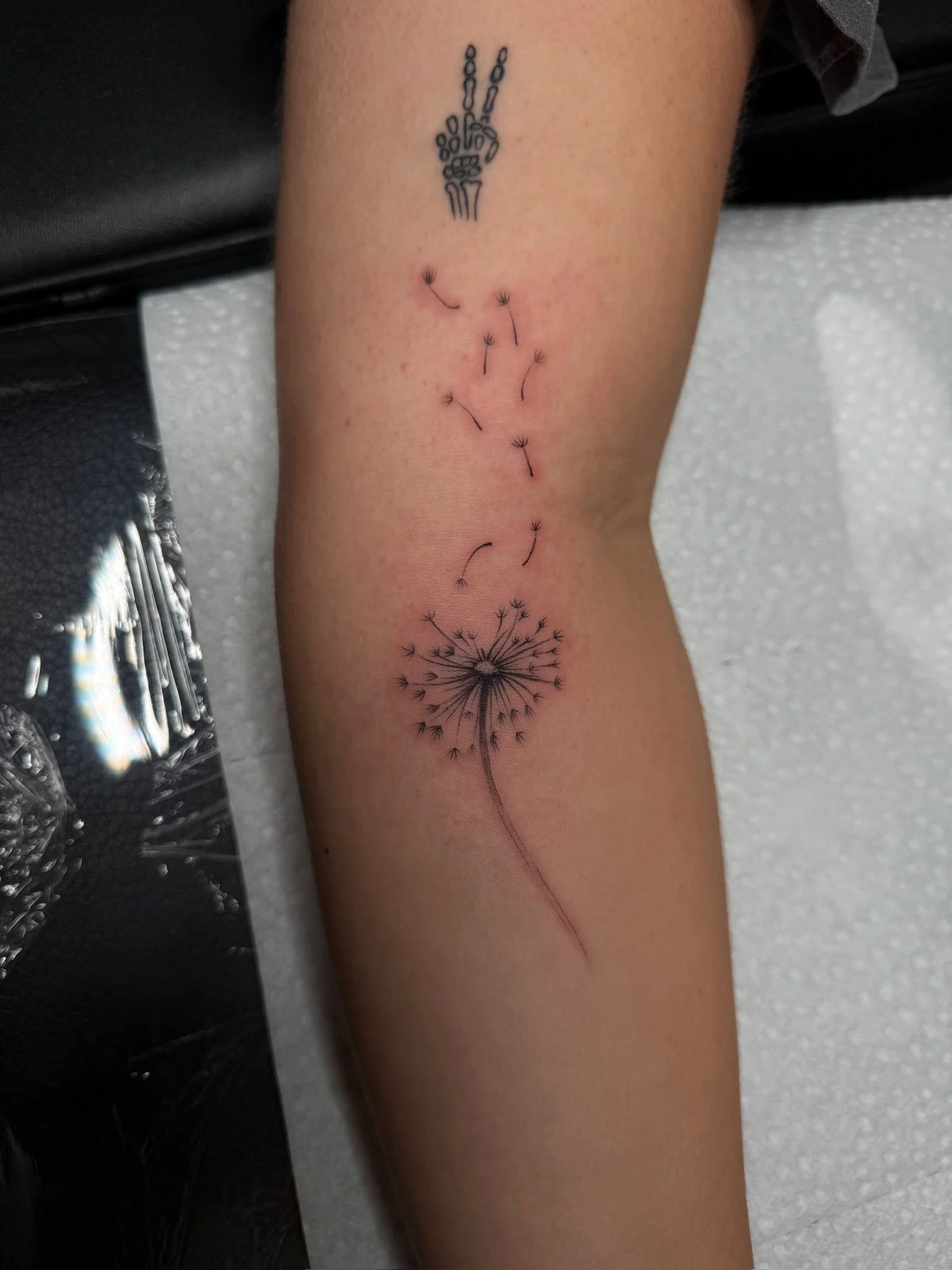 Tattoo of a dandelion with seeds blowing in the wind on a person's forearm.