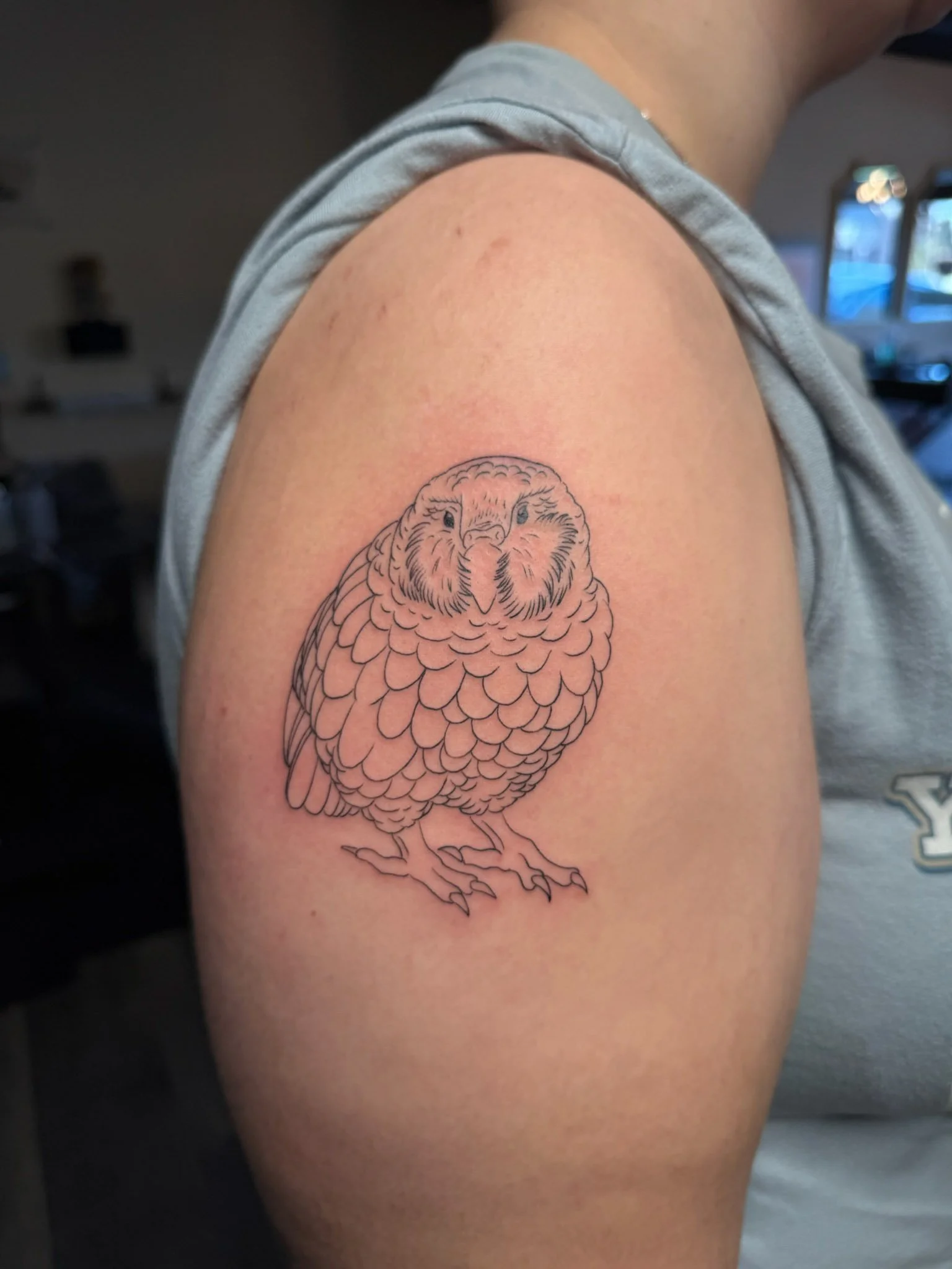 Black outline tattoo of an owl on a person's upper arm.