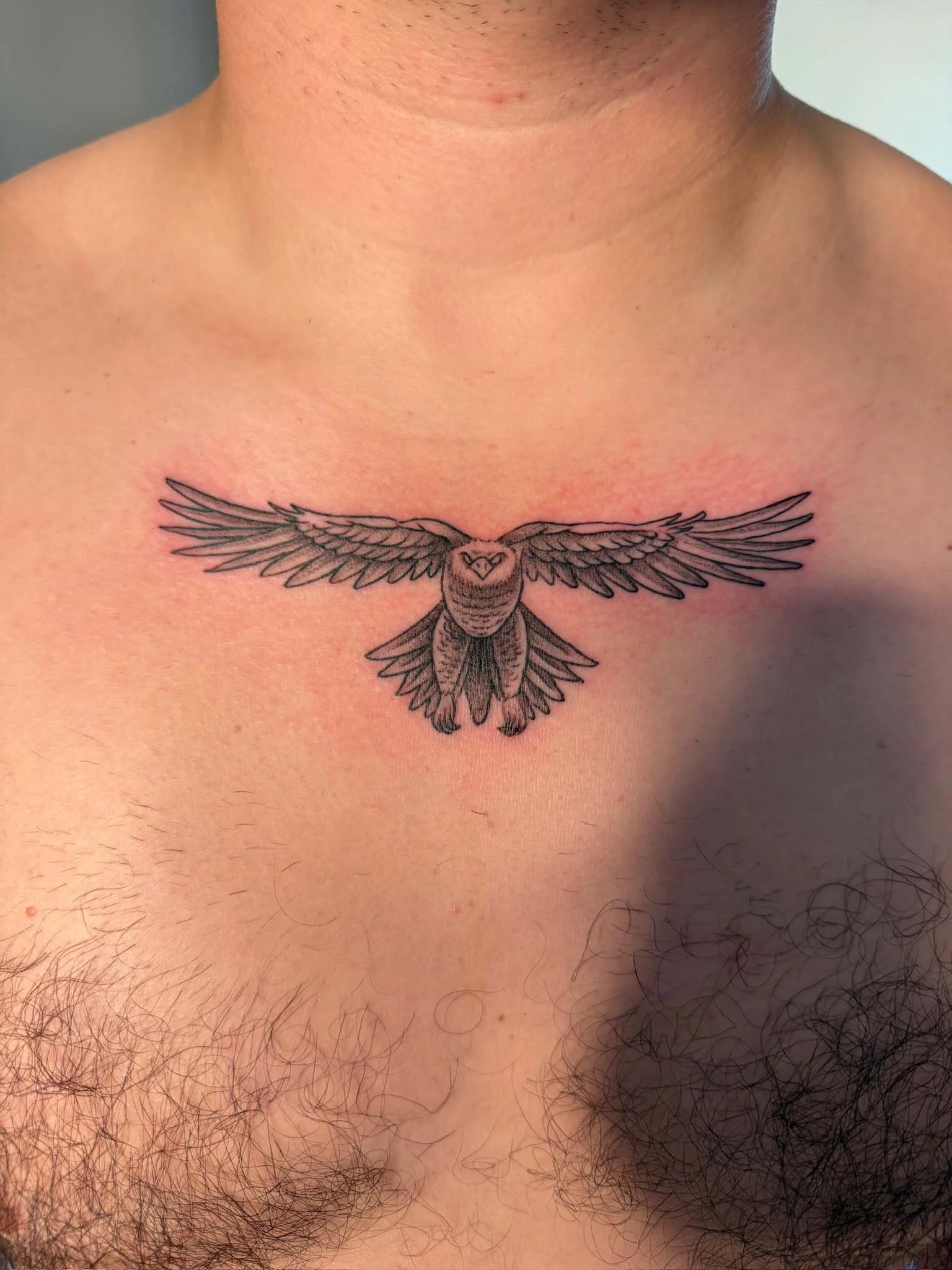 A tattoo of an eagle with outstretched wings located on a person's chest