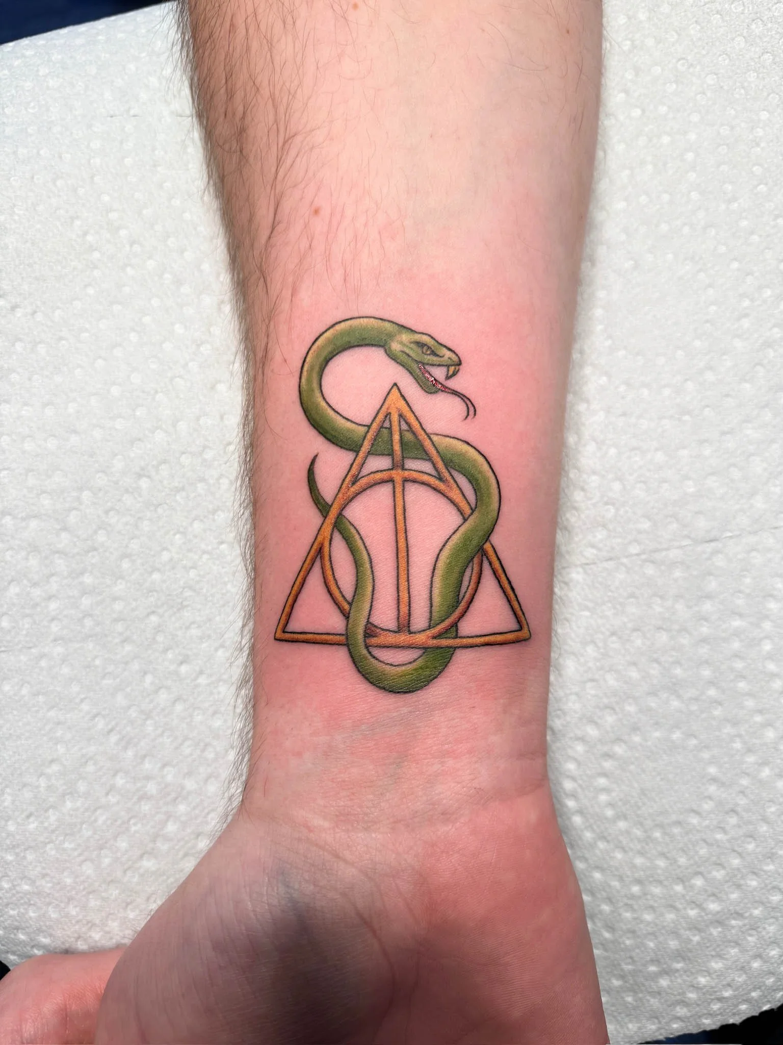 Tattoo of a green snake intertwined with a geometric triangle design on the forearm.