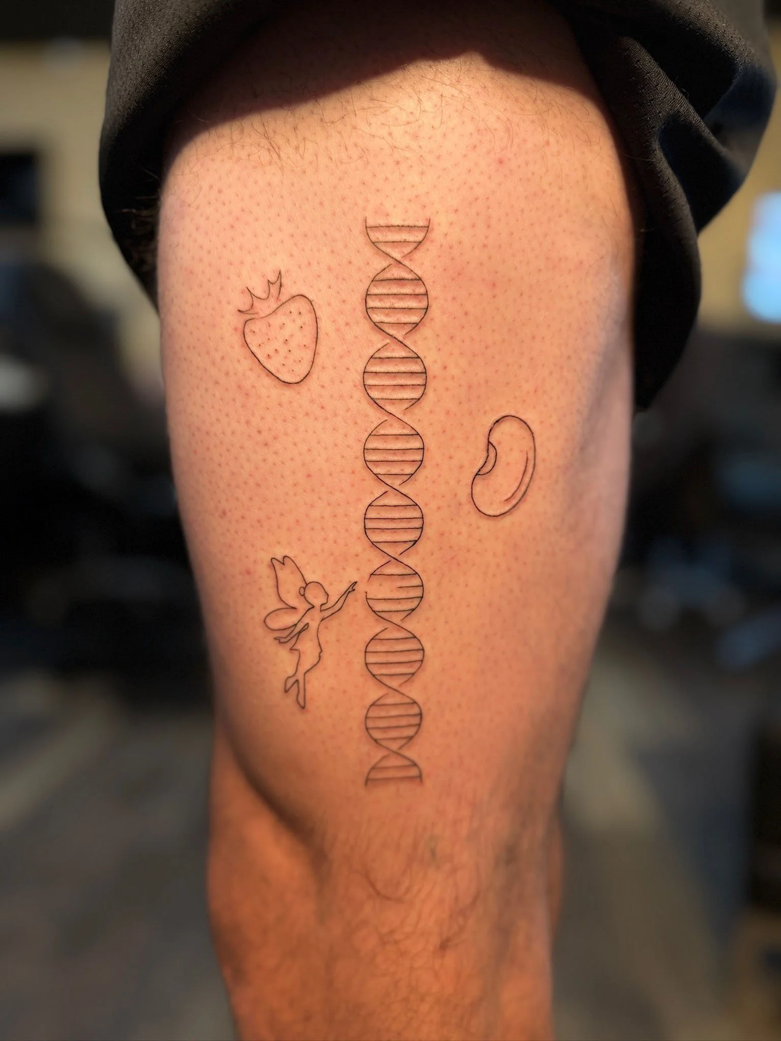 Tattoo of a DNA double helix in the center, surrounded by a strawberry, a butterfly, an ear, and a potato on a person's thigh.