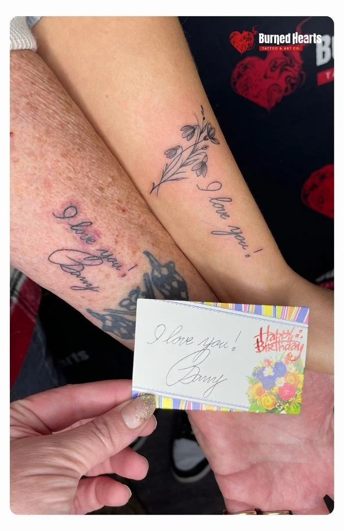 Grand mother and Grand daughter handwritten tattoo