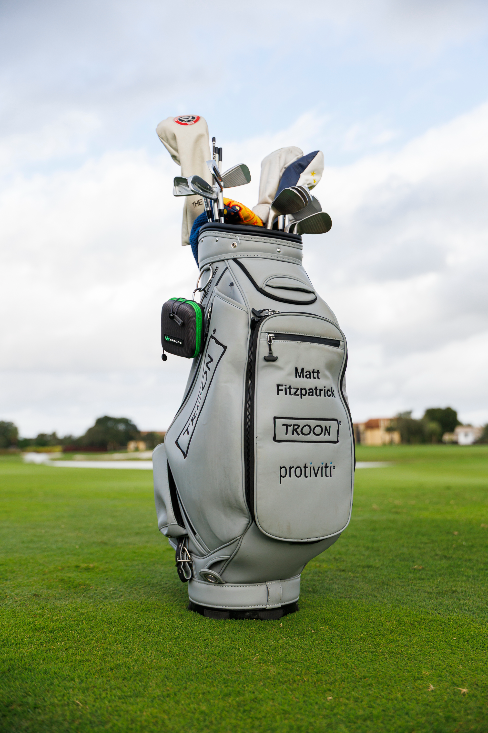 Golf bag standing on a golf course grass with clubs inside, detailed with labels, against a cloudy sky, with some houses in the distant background.