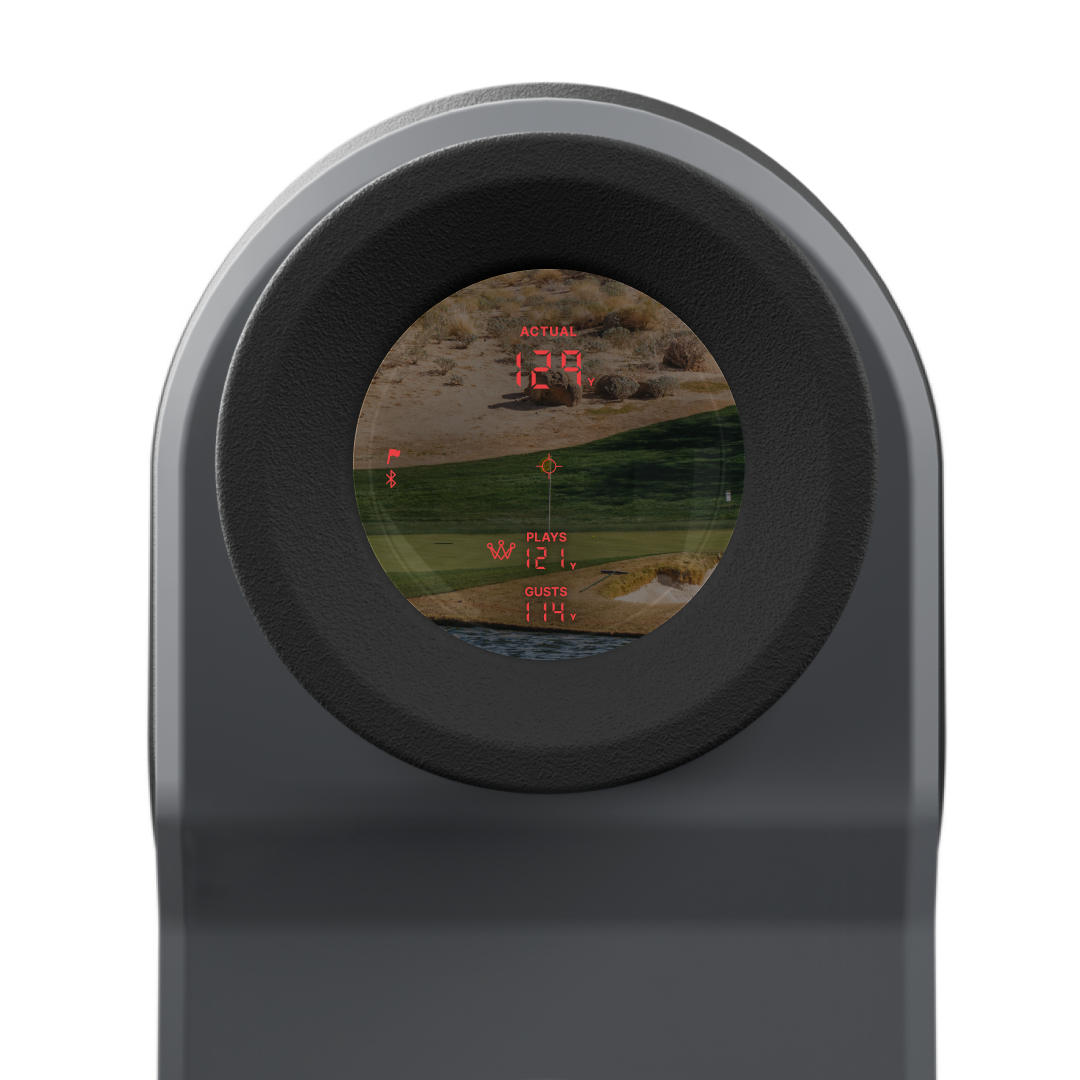 Golf course viewed through a radar-style golf rangefinder display showing an actual distance of 129 yards, 121 yards to the flag, and wind gusts at 14 mph.