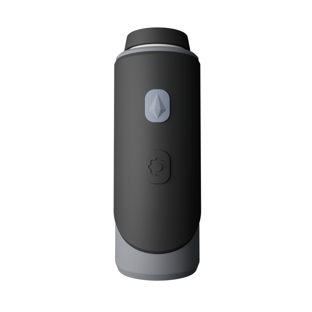 A black and gray handheld device with two buttons, one featuring a diamond-shaped icon and the other a circular arrow icon.